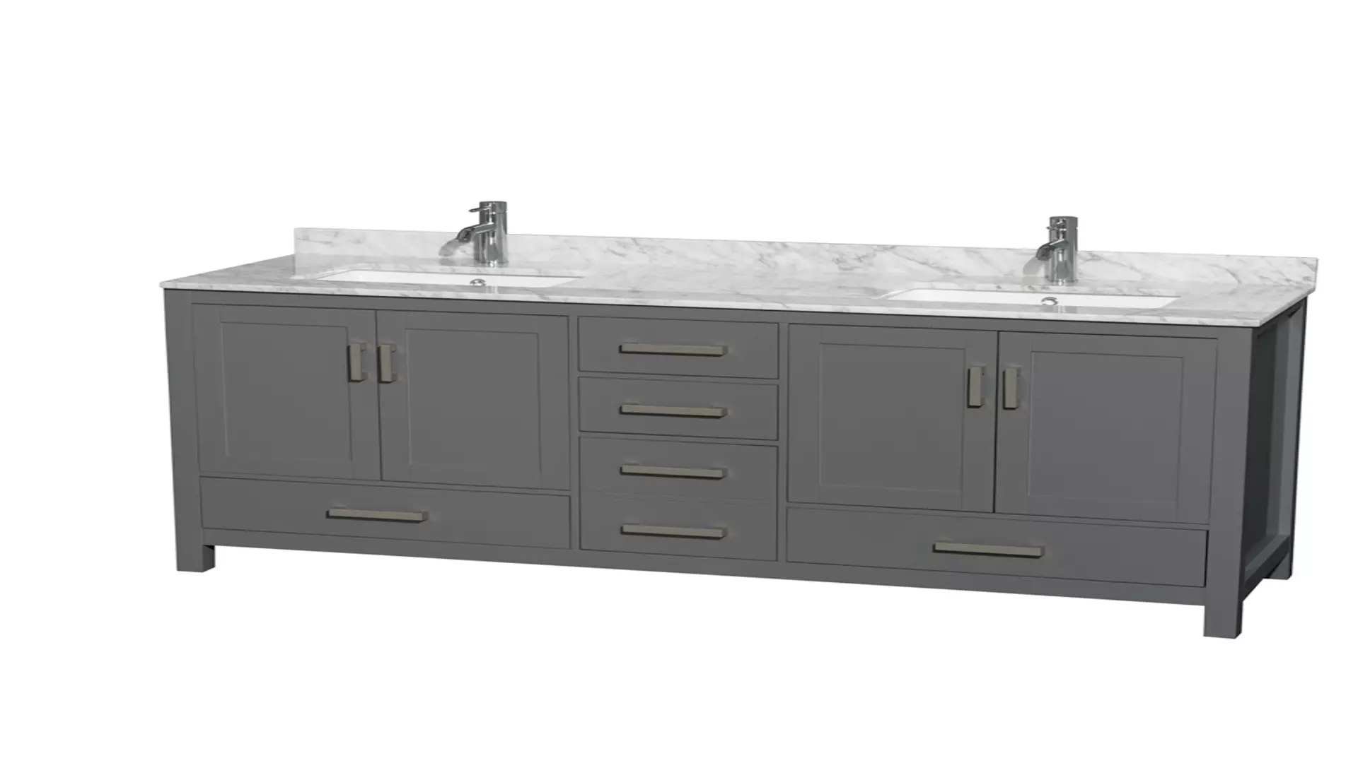 Sheffield 72 Inch Double Bathroom Vanity in Dark Gray, White Carrara Marble Countertop, Undermount Square Sinks, and No Mirror material