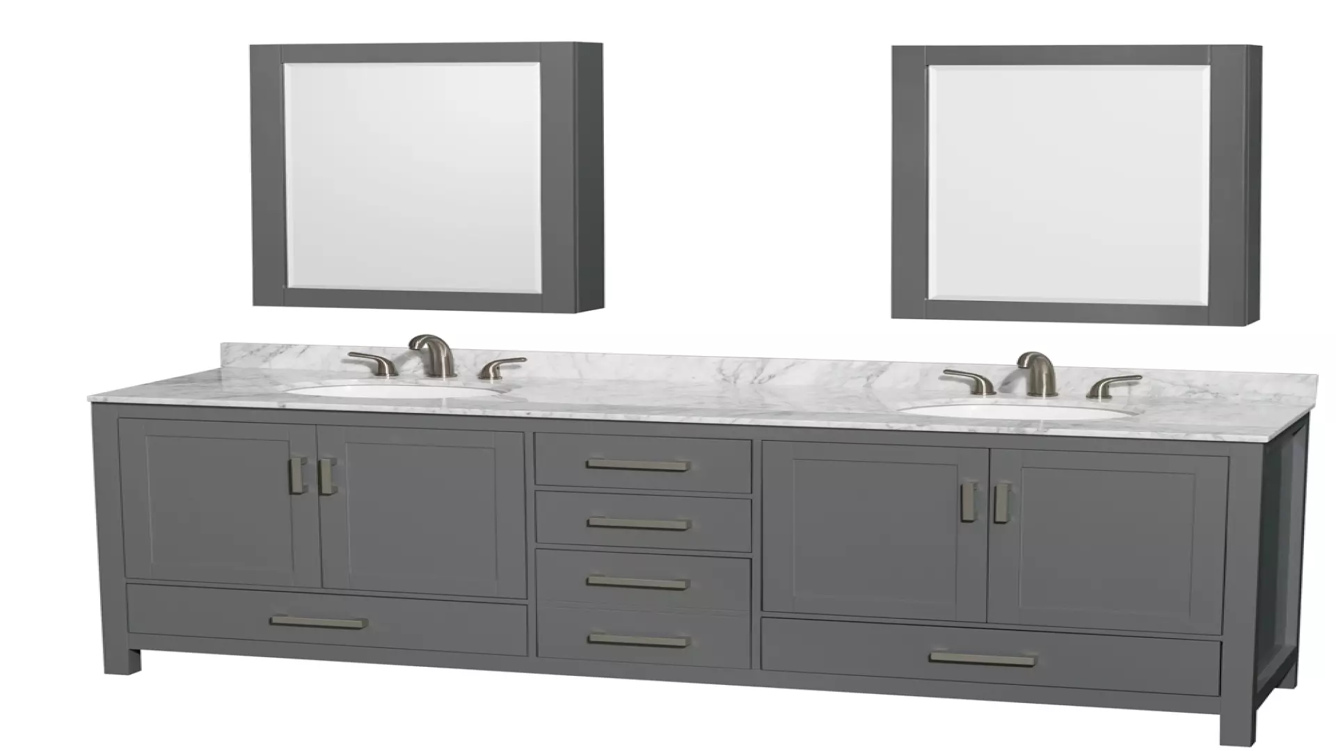 Sheffield 80 Inch Double Bathroom Vanity in Dark Gray, White Carrara Marble Countertop, Undermount Oval Sinks, and Medicine Cabinets material
