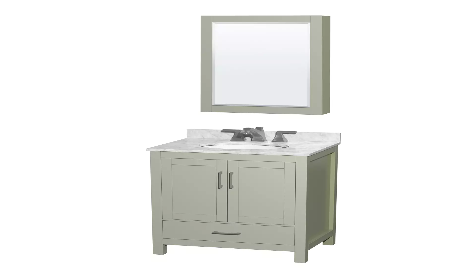 Sheffield 30 inch Single Bathroom Vanity in Light Green, White Carrara Marble Countertop, Undermount Oval Sink, Brushed Nickel Trim, Medicine Cabinet material
