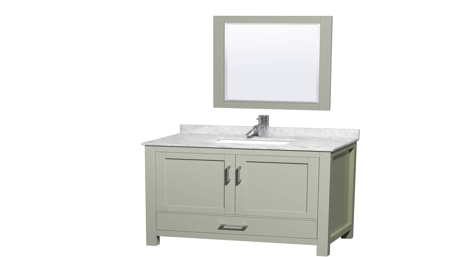 Sheffield 36 inch Single Bathroom Vanity in Light Green, White Carrara Marble Countertop, Undermount Square Sink, Brushed Nickel Trim, 24 inch Mirror material