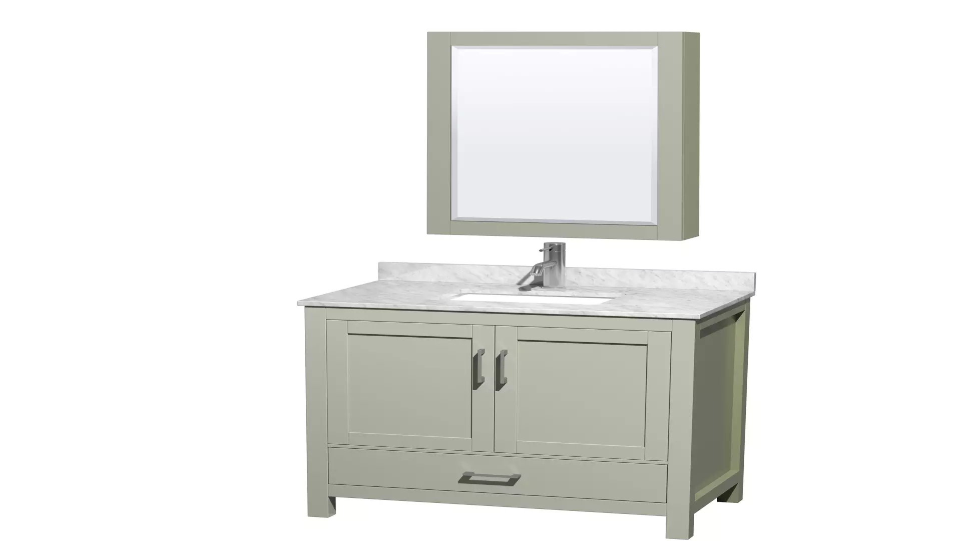 Sheffield 36 inch Single Bathroom Vanity in Light Green, White Carrara Marble Countertop, Undermount Square Sink, Brushed Nickel Trim, Medicine Cabinet material