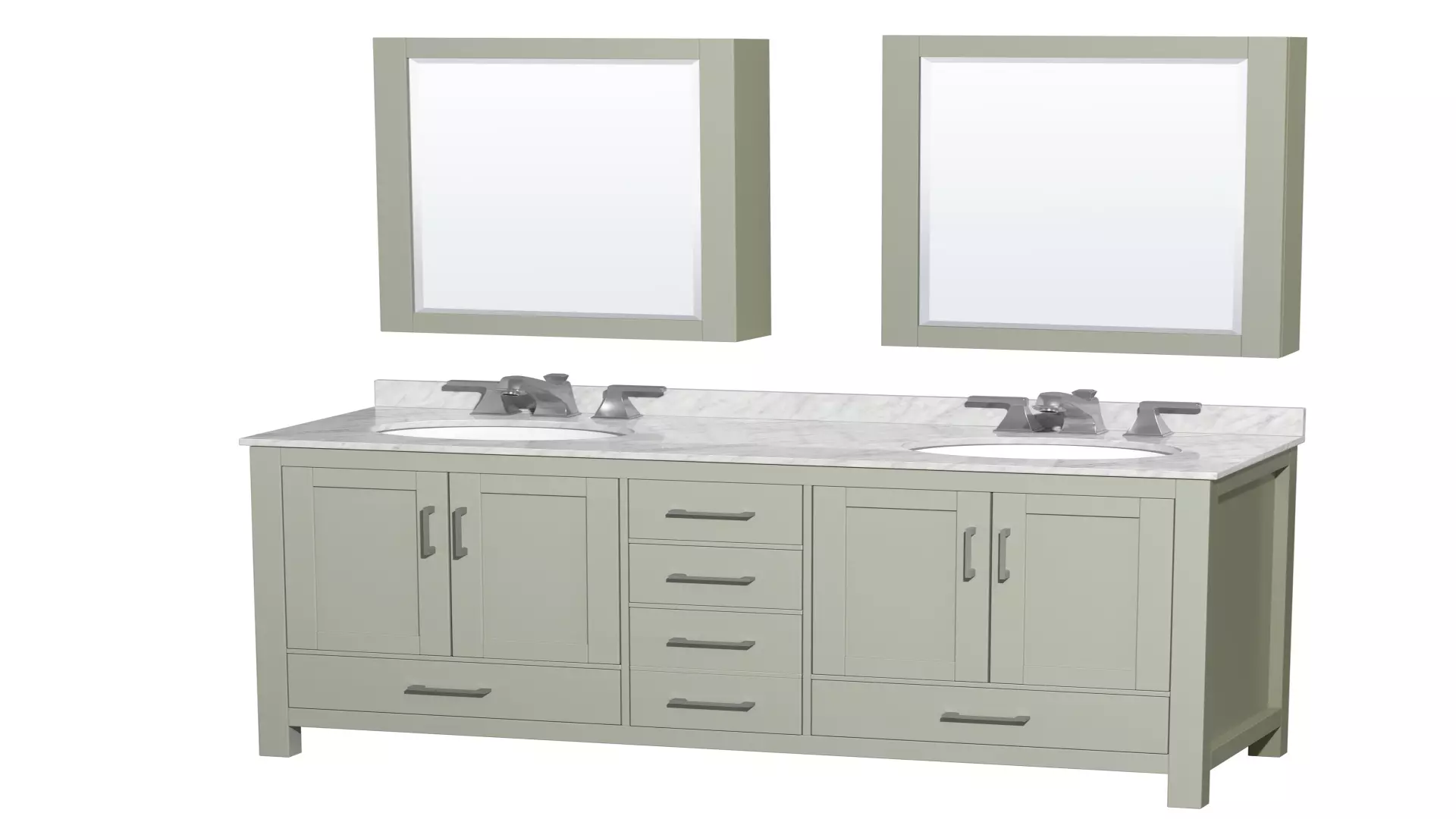 Sheffield 60 inch Double Bathroom Vanity in Light Green, White Carrara Marble Countertop, Undermount Oval Sinks, Brushed Nickel Trim, Medicine Cabinets material