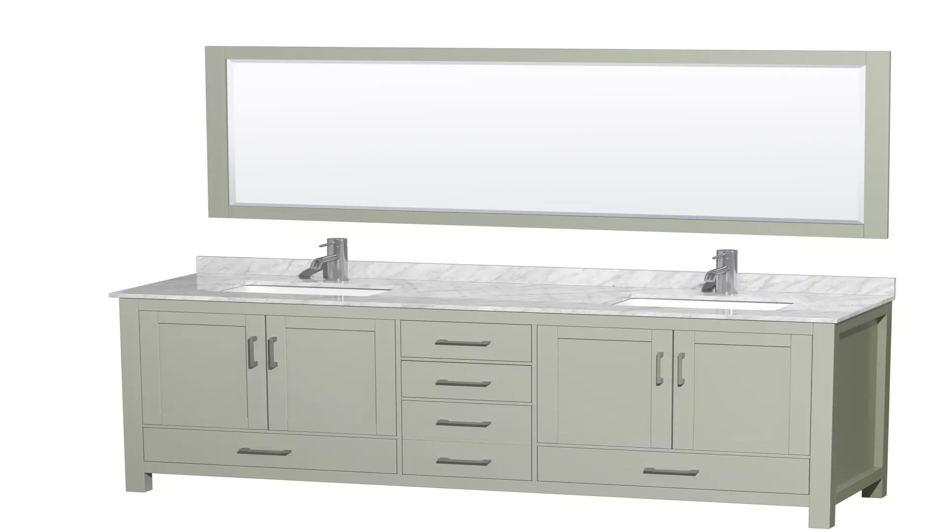 Sheffield 72 inch Double Bathroom Vanity in Light Green, White Carrara Marble Countertop, Undermount Square Sinks, Brushed Nickel Trim, 70 inch Mirror material