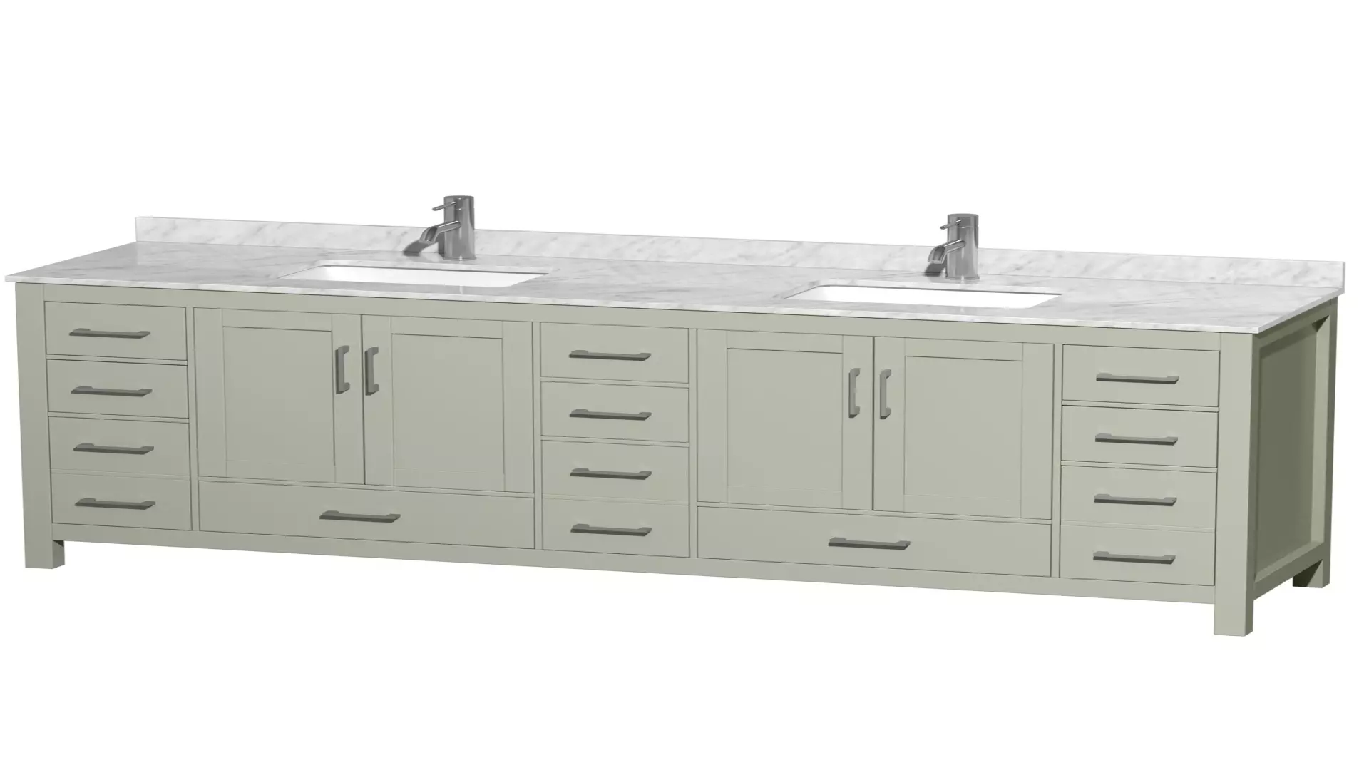 Sheffield 84 inch Double Bathroom Vanity in Light Green, White Carrara Marble Countertop, Undermount Square Sinks, Brushed Nickel Trim material