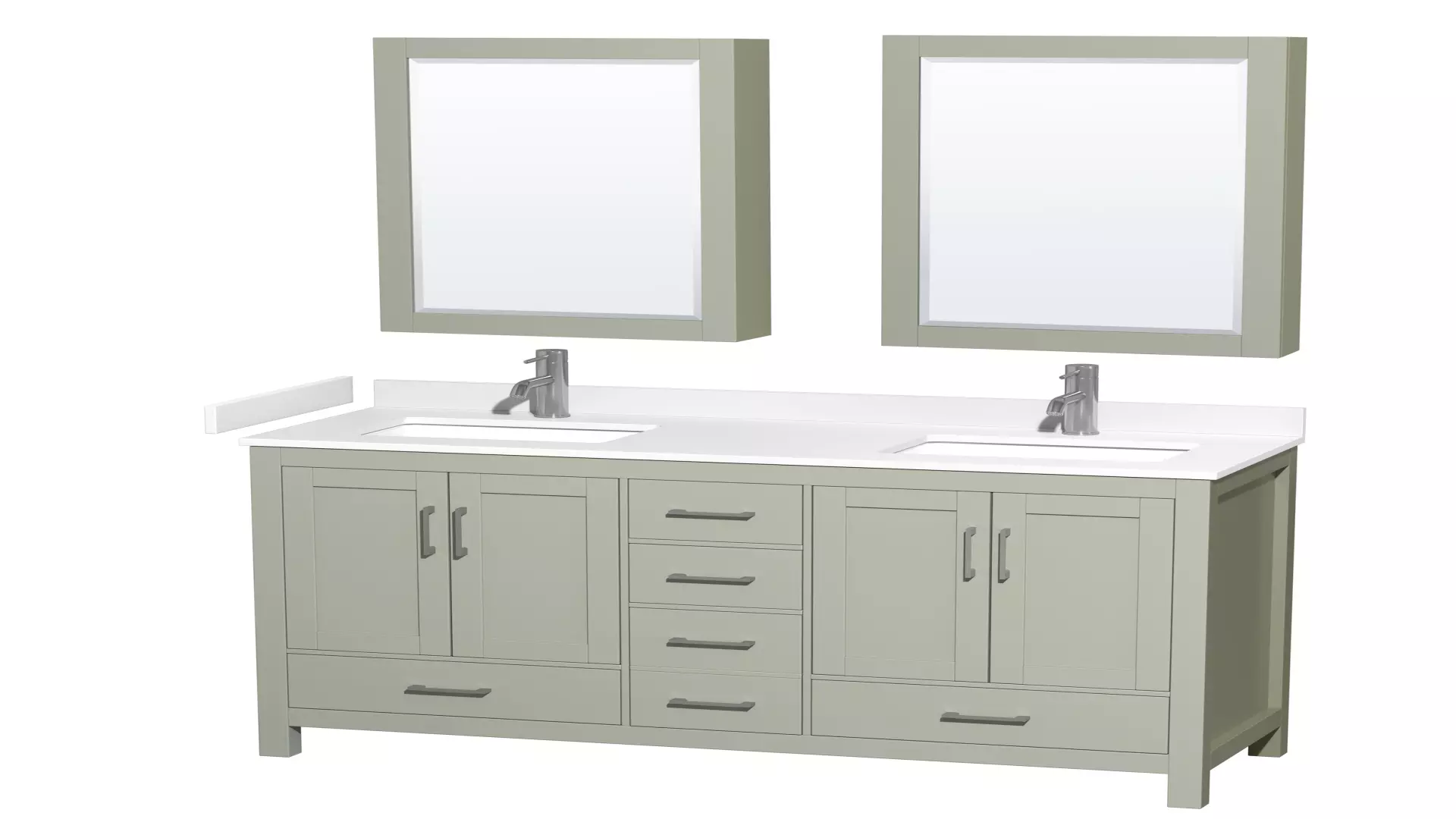Sheffield 60 inch Double Bathroom Vanity in Light Green, White Cultured Marble Countertop, Undermount Square Sinks, Brushed Nickel Trim, Medicine Cabinets material