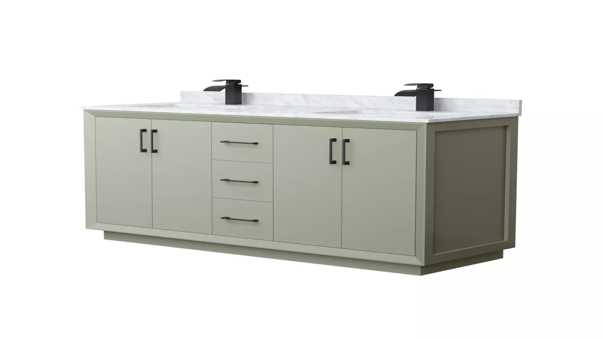 Strada 60 Inch Double Bathroom Vanity in Light Green, White Carrara Marble Countertop, Undermount Square Sinks, Matte Black Trim material
