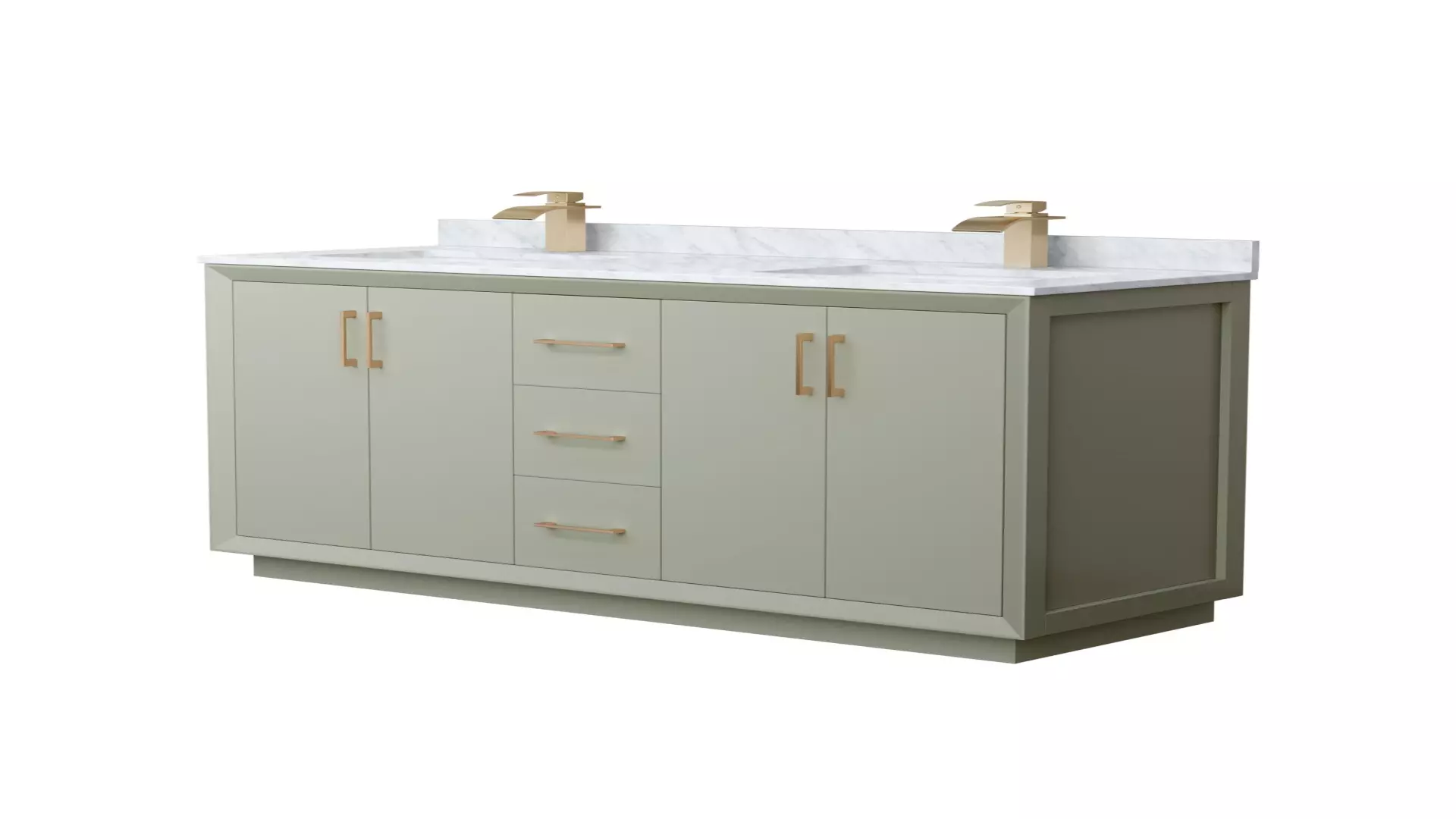 Strada 60 Inch Double Bathroom Vanity in Light Green, White Carrara Marble Countertop, Undermount Square Sinks, Satin Bronze Trim material