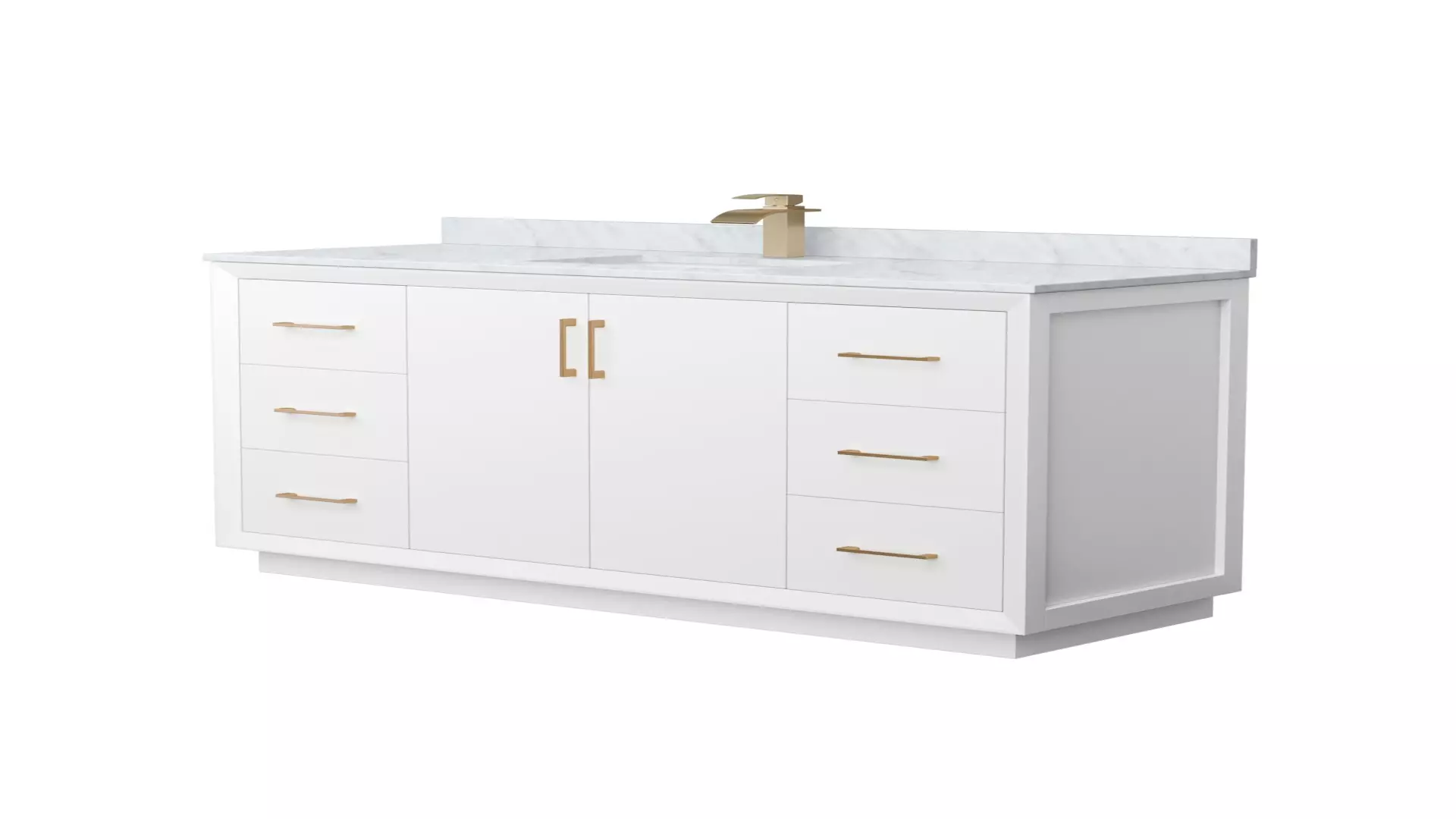 Strada 60 Inch Single Bathroom Vanity in White, White Carrara Marble Countertop, Undermount Square Sink, Satin Bronze Trim material