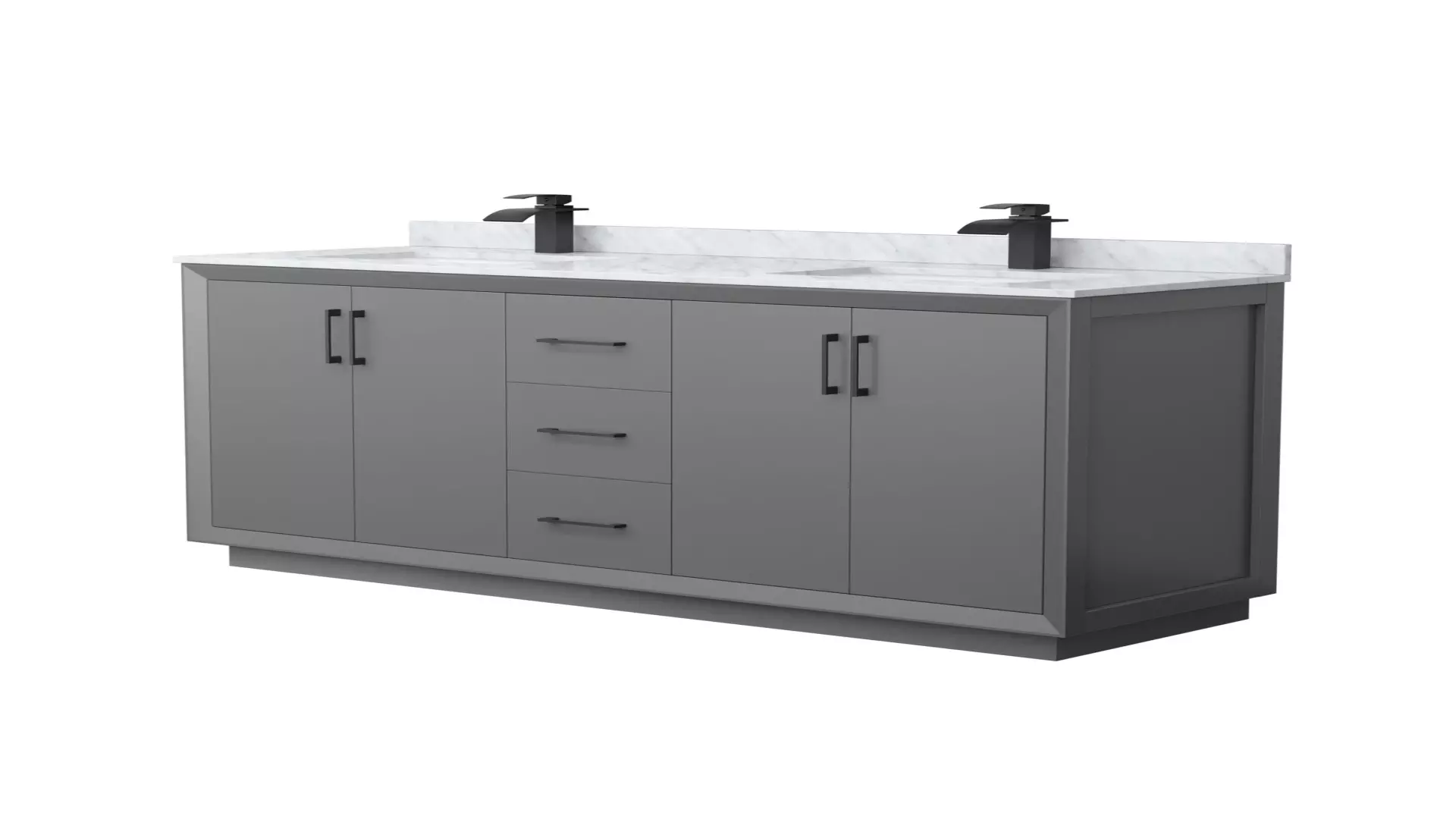 Strada 66 Inch Double Bathroom Vanity in Dark Gray, White Carrara Marble Countertop, Undermount Square Sink, Matte Black Trim material