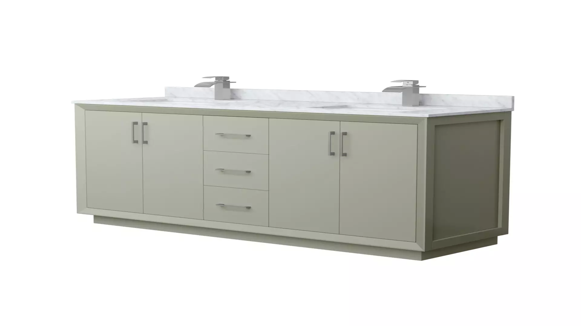 Strada 66 Inch Double Bathroom Vanity in Light Green, White Carrara Marble Countertop, Undermount Square Sinks, Brushed Nickel Trim material