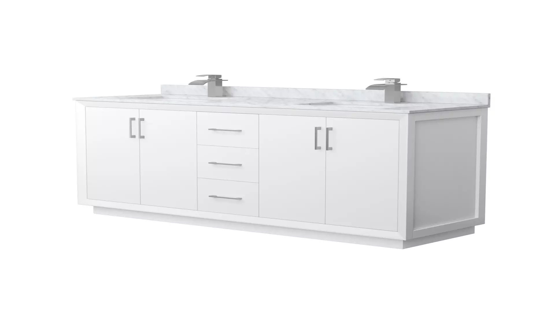 Strada 66 Inch Double Bathroom Vanity in White, White Carrara Marble Countertop, Undermount Square Sink, Brushed Nickel Trim material