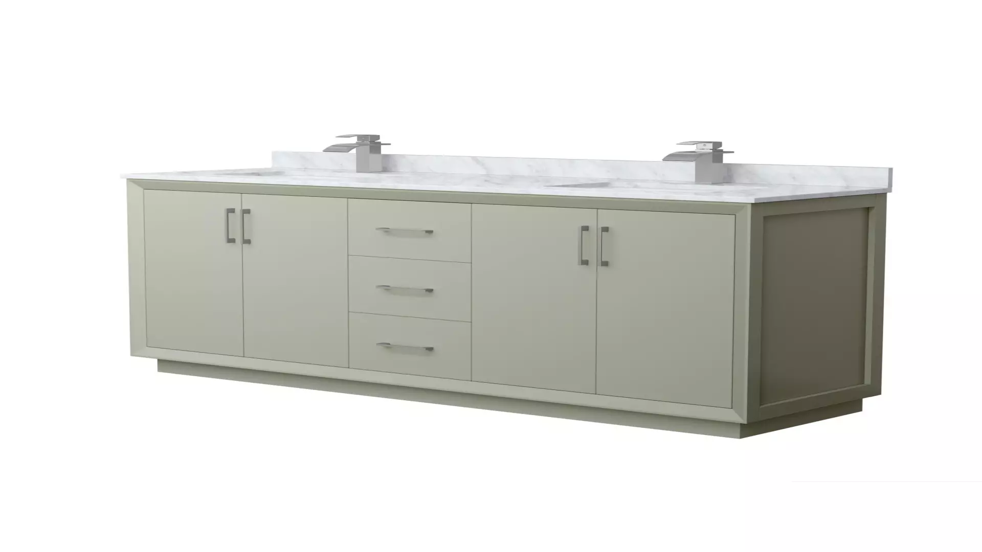 Strada 72 Inch Double Bathroom Vanity in Light Green, White Carrara Marble Countertop, Undermount Square Sinks, Brushed Nickel Trim material