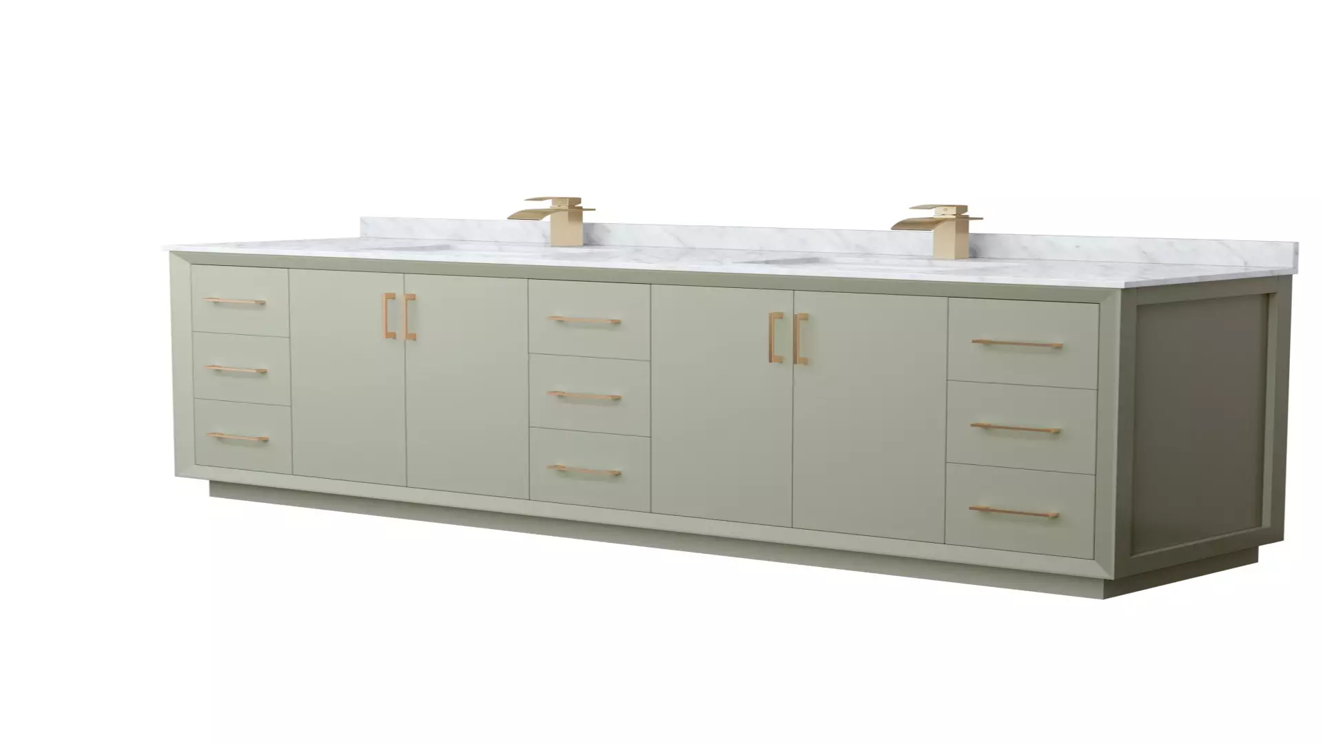 Strada 84 Inch Double Bathroom Vanity in Light Green, White Carrara Marble Countertop, Undermount Square Sinks, Satin Bronze Trim material