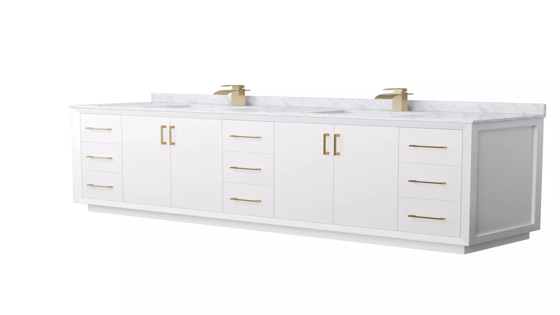 Strada 84 Inch Double Bathroom Vanity in White, White Carrara Marble Countertop, Undermount Square Sink, Satin Bronze Trim material