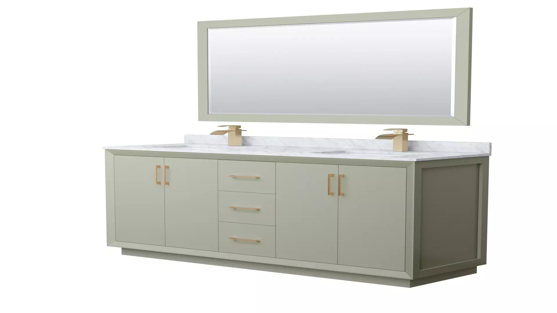 Strada 66 Inch Double Bathroom Vanity in Light Green, White Carrara Marble Countertop, Undermount Square Sinks, Satin Bronze Trim, 58 Inch Mirror material