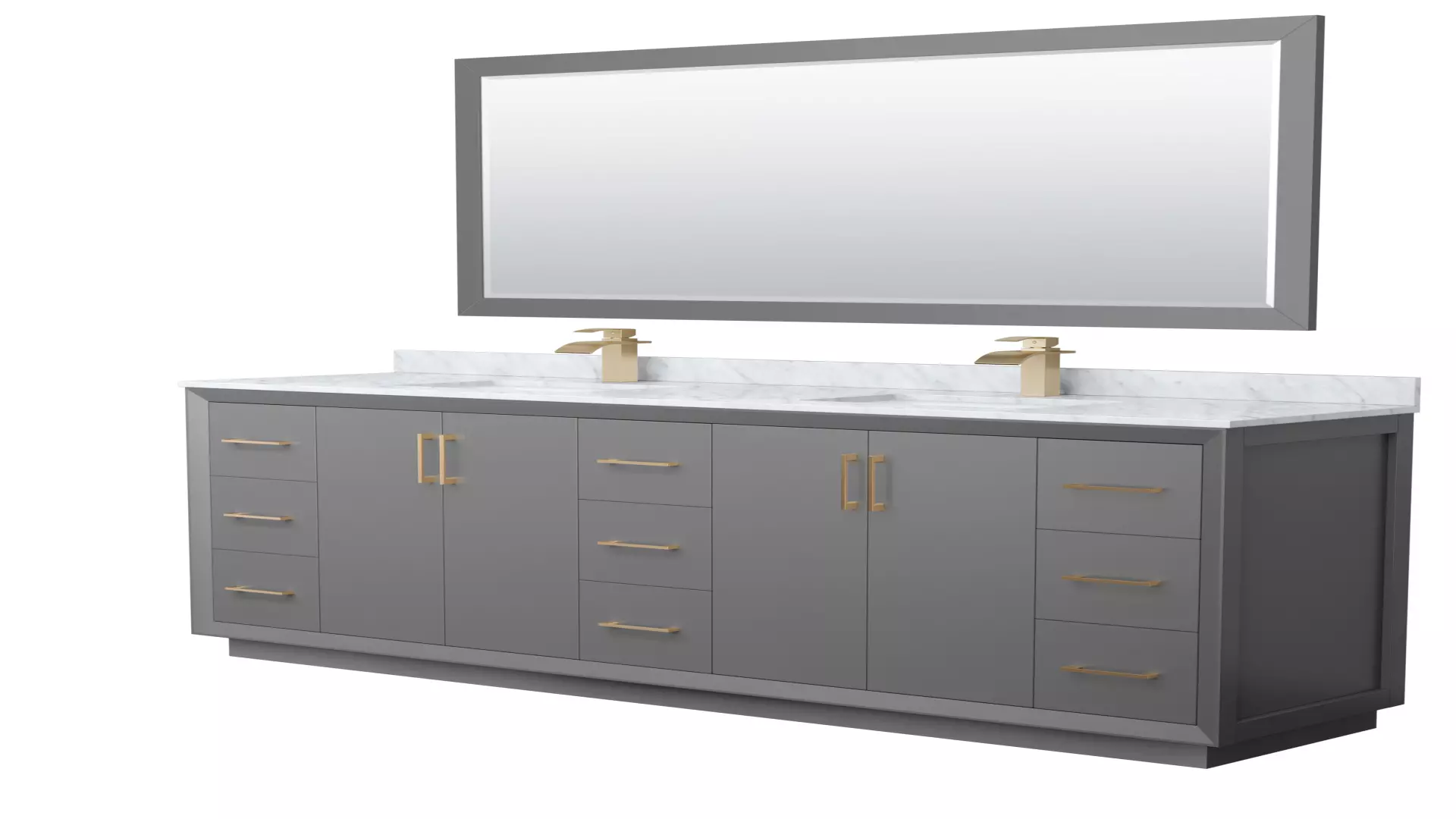 Strada 84 Inch Double Bathroom Vanity in Dark Gray, White Carrara Marble Countertop, Undermount Square Sink, Satin Bronze Trim, 70 Inch Mirror material