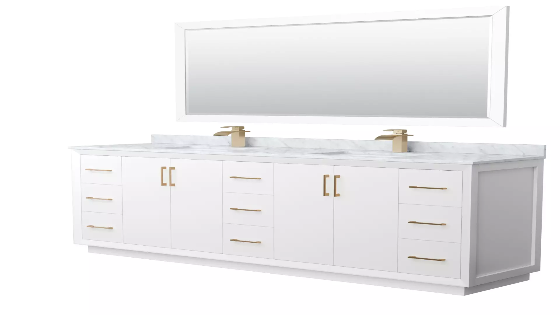 Strada 84 Inch Double Bathroom Vanity in White, White Carrara Marble Countertop, Undermount Square Sink, Satin Bronze Trim, 70 Inch Mirror material