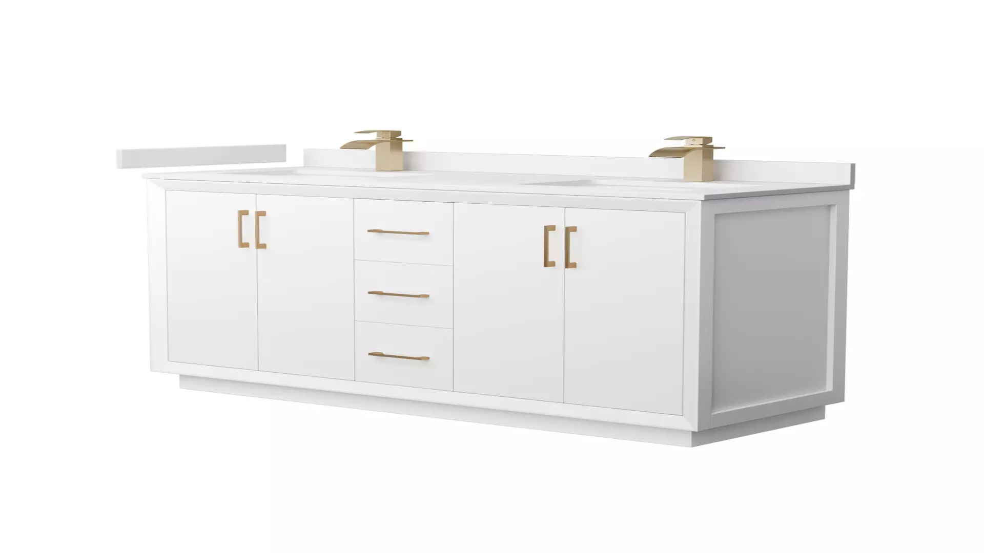 Strada 60 Inch Double Bathroom Vanity in White, White Cultured Marble Countertop, Undermount Square Sink, Satin Bronze Trim material