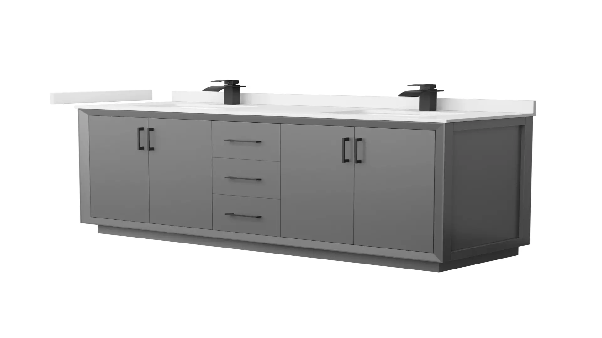 Strada 66 Inch Double Bathroom Vanity in Dark Gray, White Cultured Marble Countertop, Undermount Square Sink, Matte Black Trim material