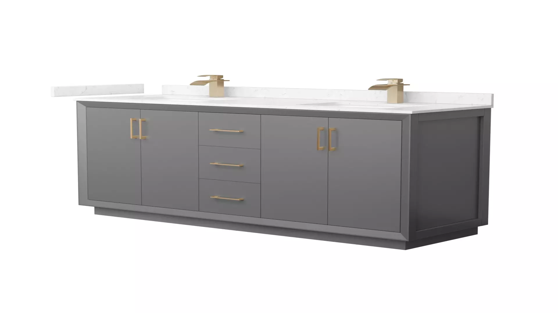 Strada 66 Inch Double Bathroom Vanity in Dark Gray, Carrara Cultured Marble Countertop, Undermount Square Sink, Satin Bronze Trim material