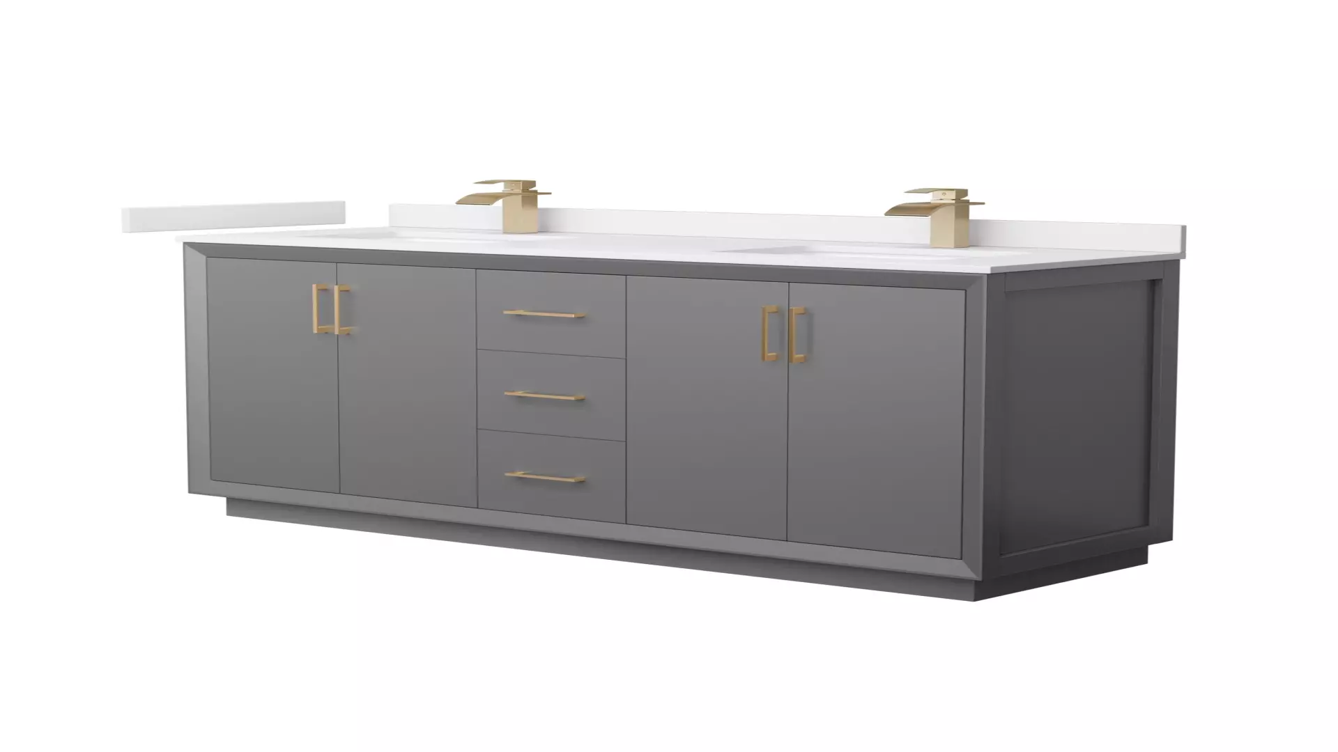 Strada 66 Inch Double Bathroom Vanity in Dark Gray, White Cultured Marble Countertop, Undermount Square Sink, Satin Bronze Trim material