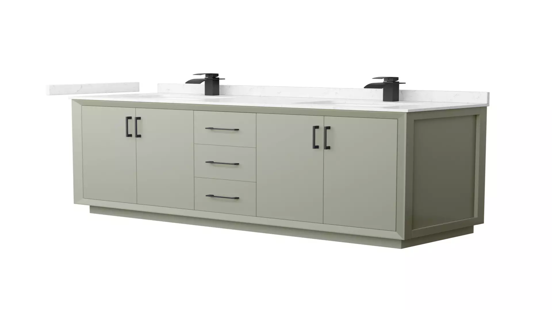 Strada 66 Inch Double Bathroom Vanity in Light Green, Carrara Cultured Marble Countertop, Undermount Square Sinks, Matte Black Trim material