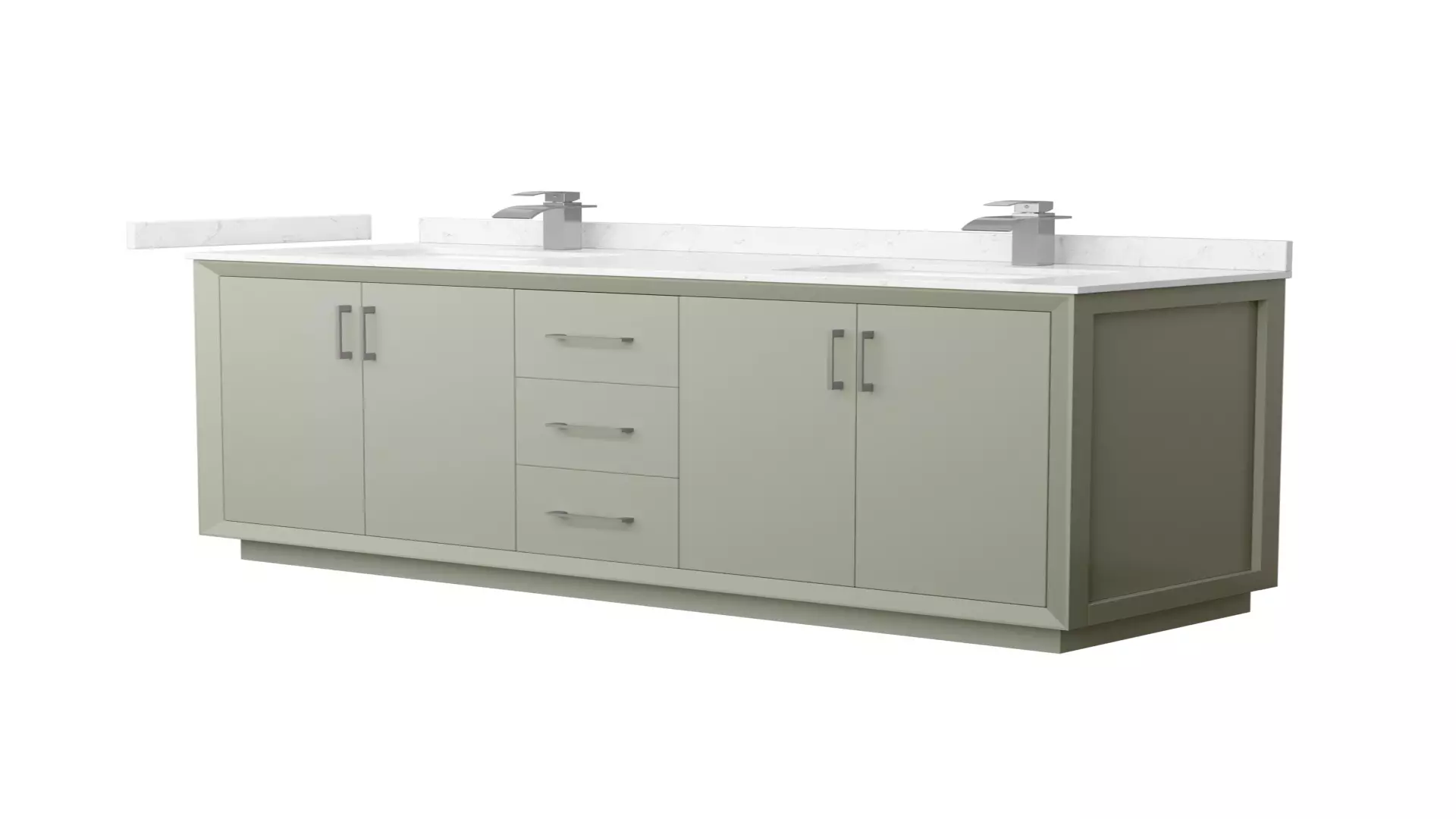 Strada 66 Inch Double Bathroom Vanity in Light Green, Carrara Cultured Marble Countertop, Undermount Square Sinks, Brushed Nickel Trim material
