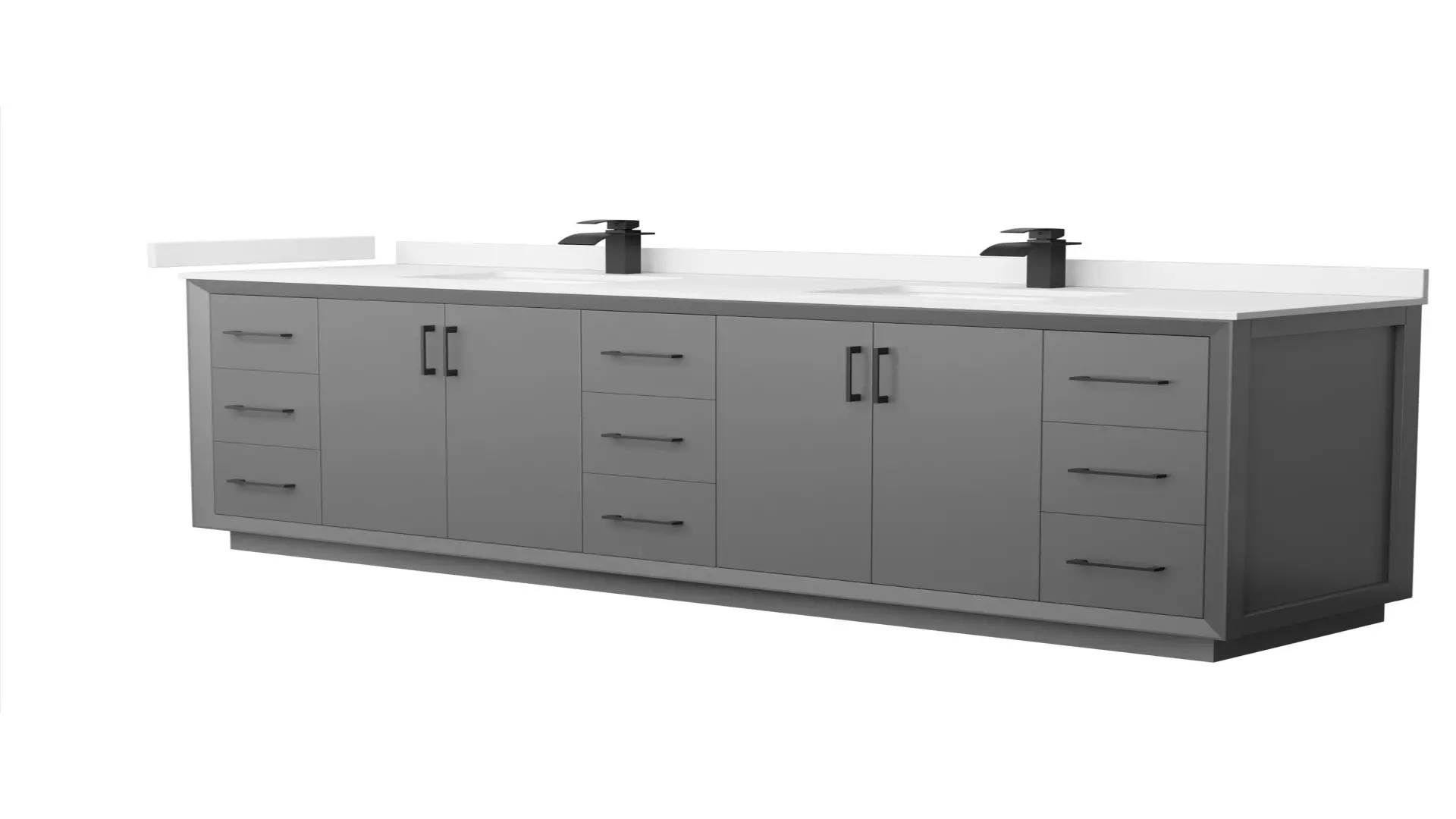 Strada 84 Inch Double Bathroom Vanity in Dark Gray, White Cultured Marble Countertop, Undermount Square Sink, Matte Black Trim material