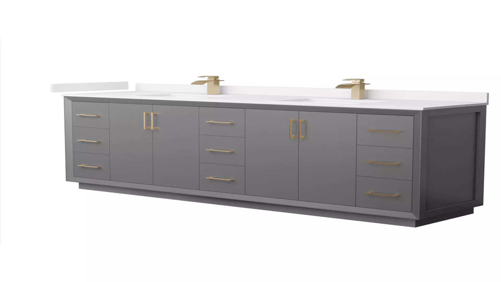 Strada 84 Inch Double Bathroom Vanity in Dark Gray, White Cultured Marble Countertop, Undermount Square Sink, Satin Bronze Trim material