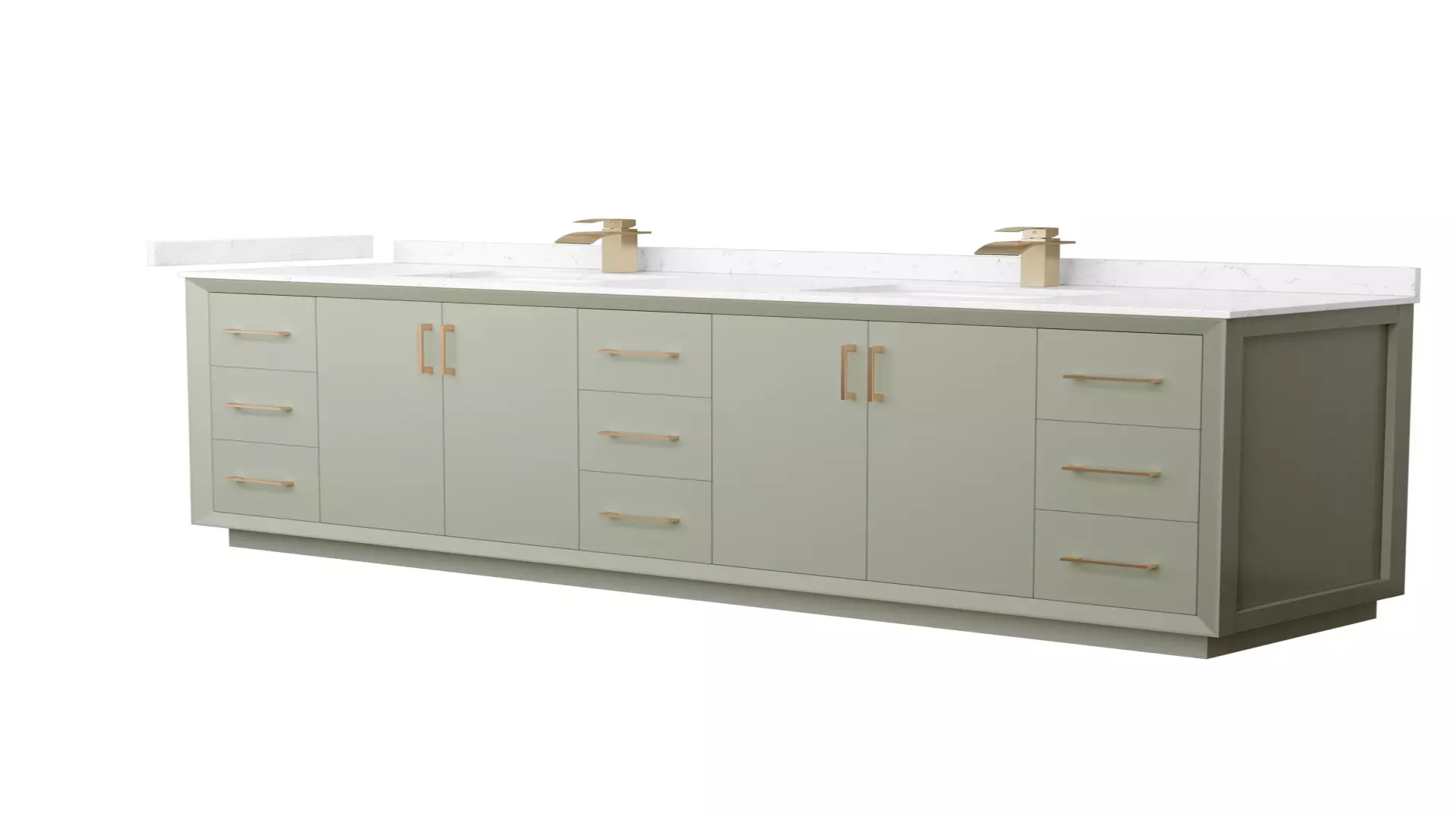 Strada 84 Inch Double Bathroom Vanity in Light Green, Carrara Cultured Marble Countertop, Undermount Square Sinks, Satin Bronze Trim material