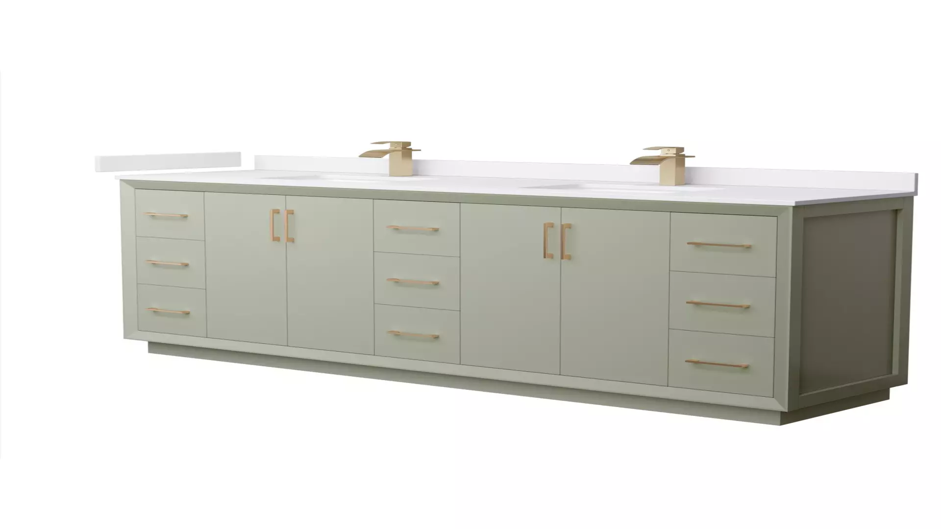 Strada 84 Inch Double Bathroom Vanity in Light Green, White Cultured Marble Countertop, Undermount Square Sinks, Satin Bronze Trim material