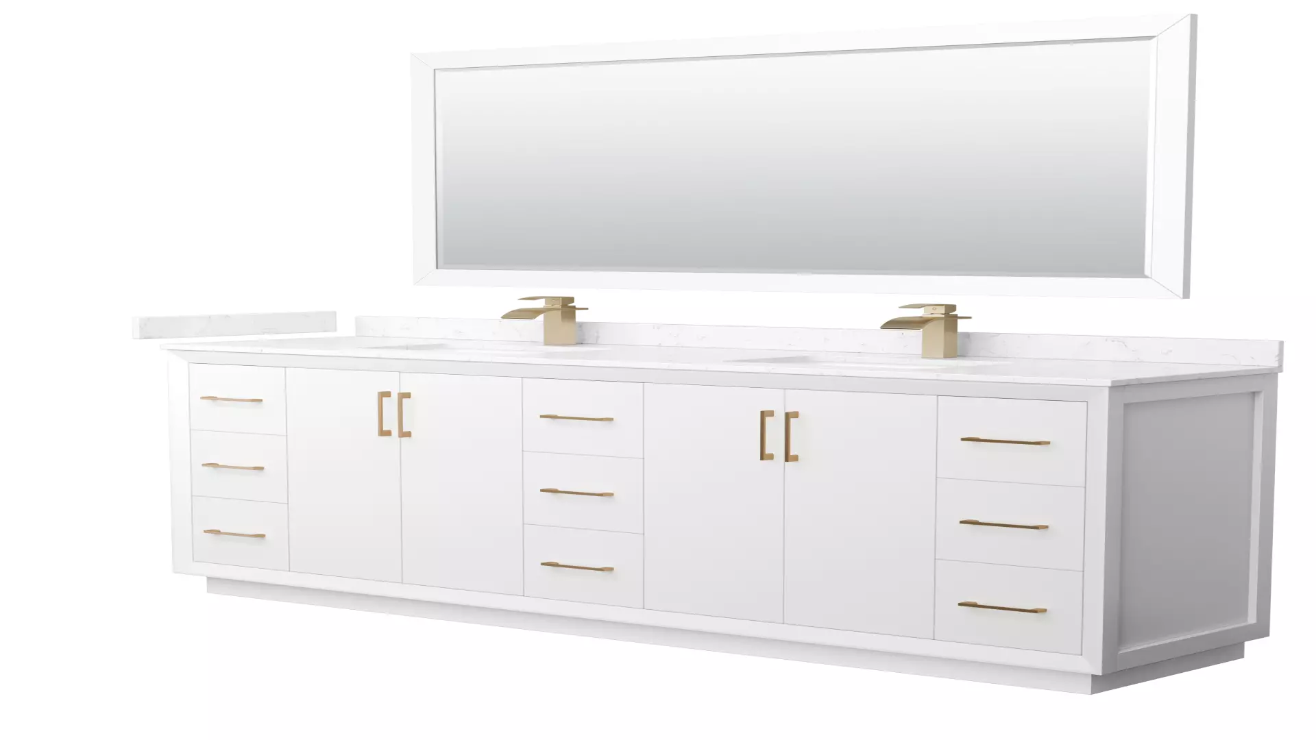 Strada 84 Inch Double Bathroom Vanity in White, Carrara Cultured Marble Countertop, Undermount Square Sink, Satin Bronze Trim, 70 Inch Mirror material