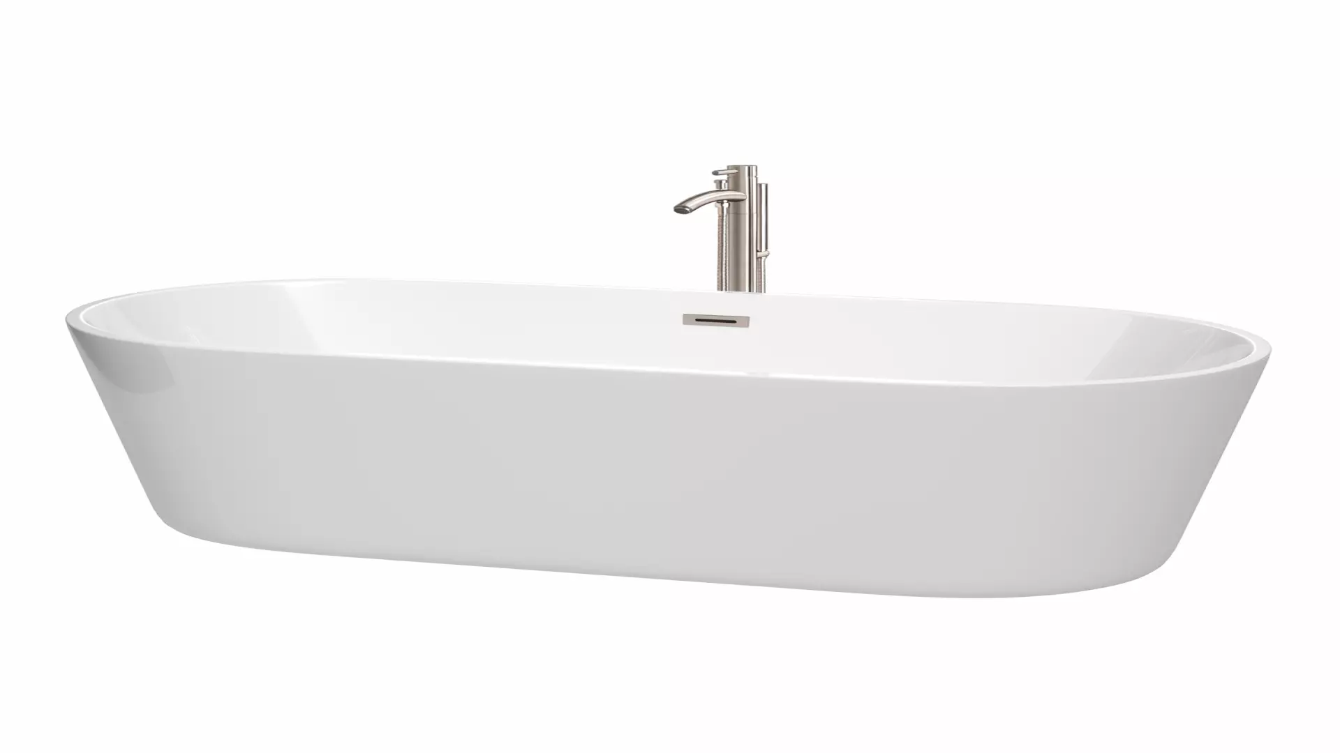Carissa 71 Inch Freestanding Bathtub in White with Floor Mounted Faucet, Drain and Overflow Trim in Brushed Nickel material