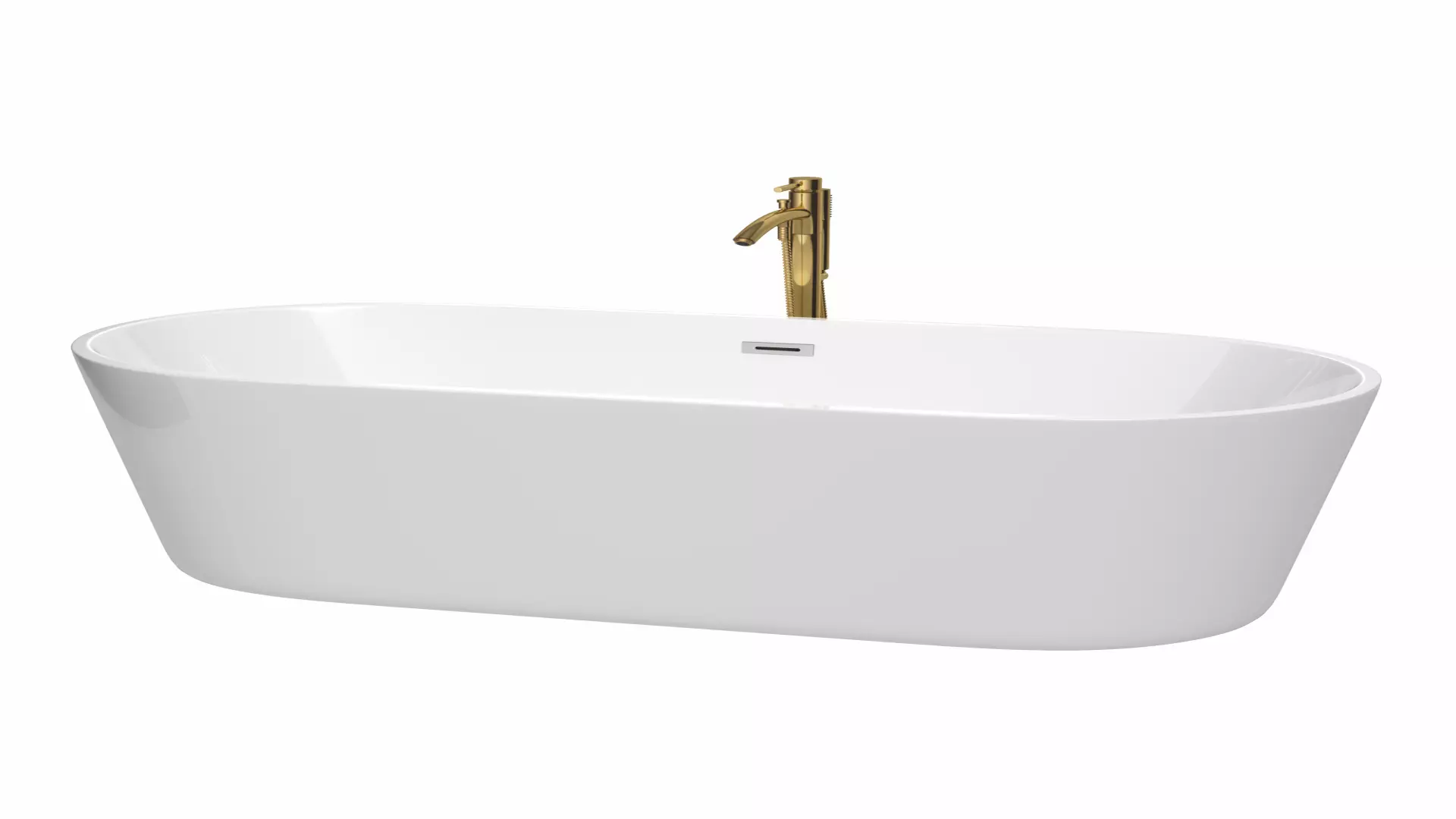 Carissa 71 Inch Freestanding Bathtub in White with Polished Chrome Trim and Floor Mounted Faucet in Brushed Gold material
