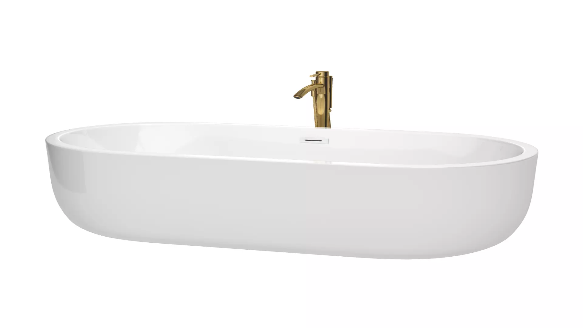 Juliette 67 Inch Freestanding Bathtub in White with Shiny White Trim and Floor Mounted Faucet in Brushed Gold material