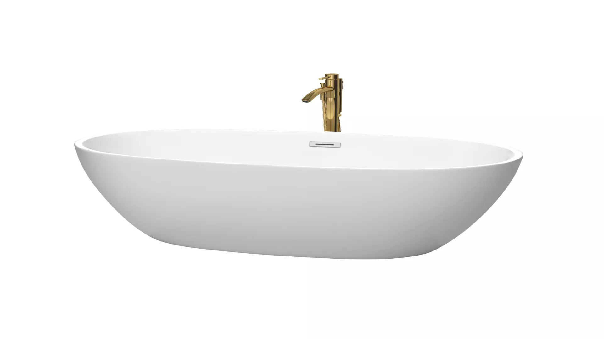 Juno 59 Inch Freestanding Bathtub in Matte White with Polished Chrome Trim and Floor Mounted Faucet in Brushed Gold material