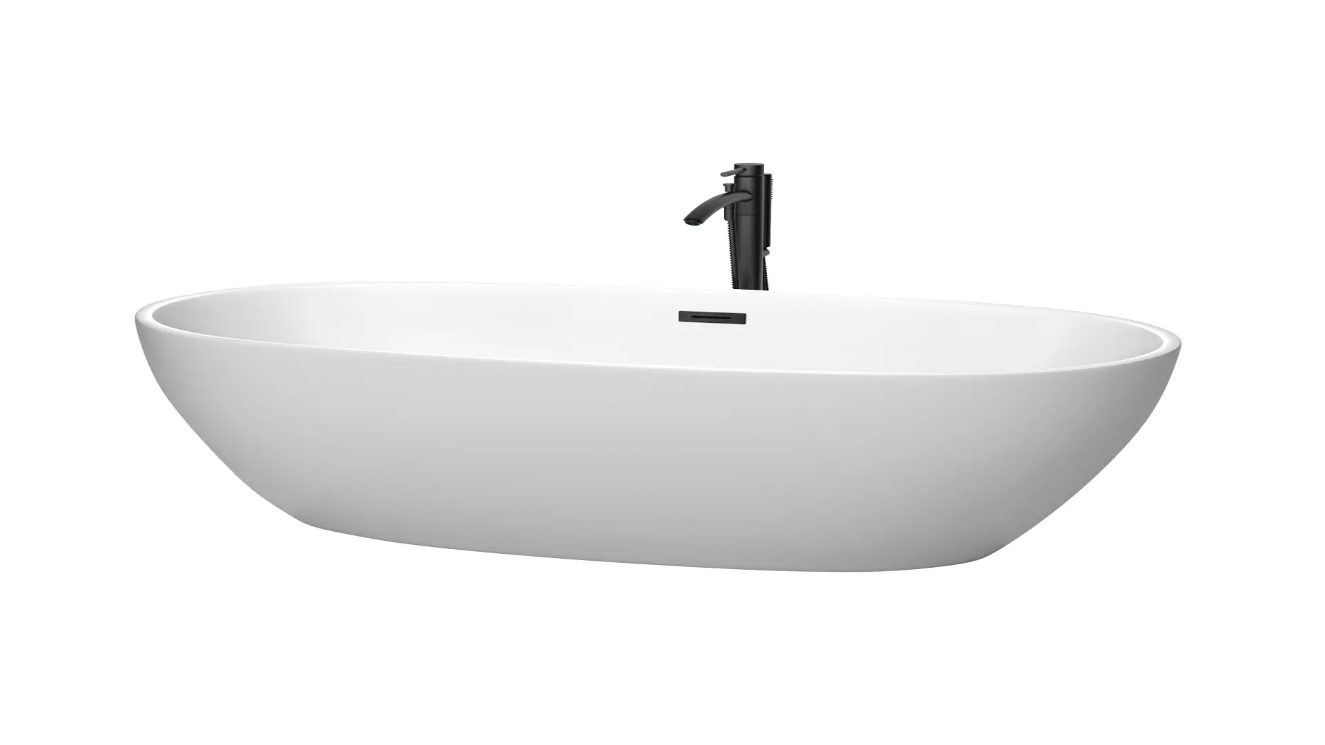 Juno 63 Inch Freestanding Bathtub in Matte White with Floor Mounted Faucet, Drain and Overflow Trim in Matte Black material