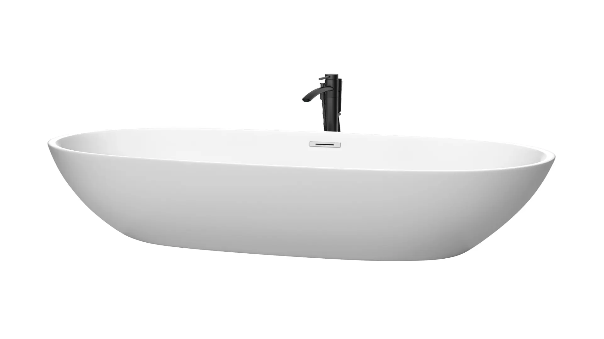 Juno 67 Inch Freestanding Bathtub in Matte White with Polished Chrome Trim and Floor Mounted Faucet in Matte Black material