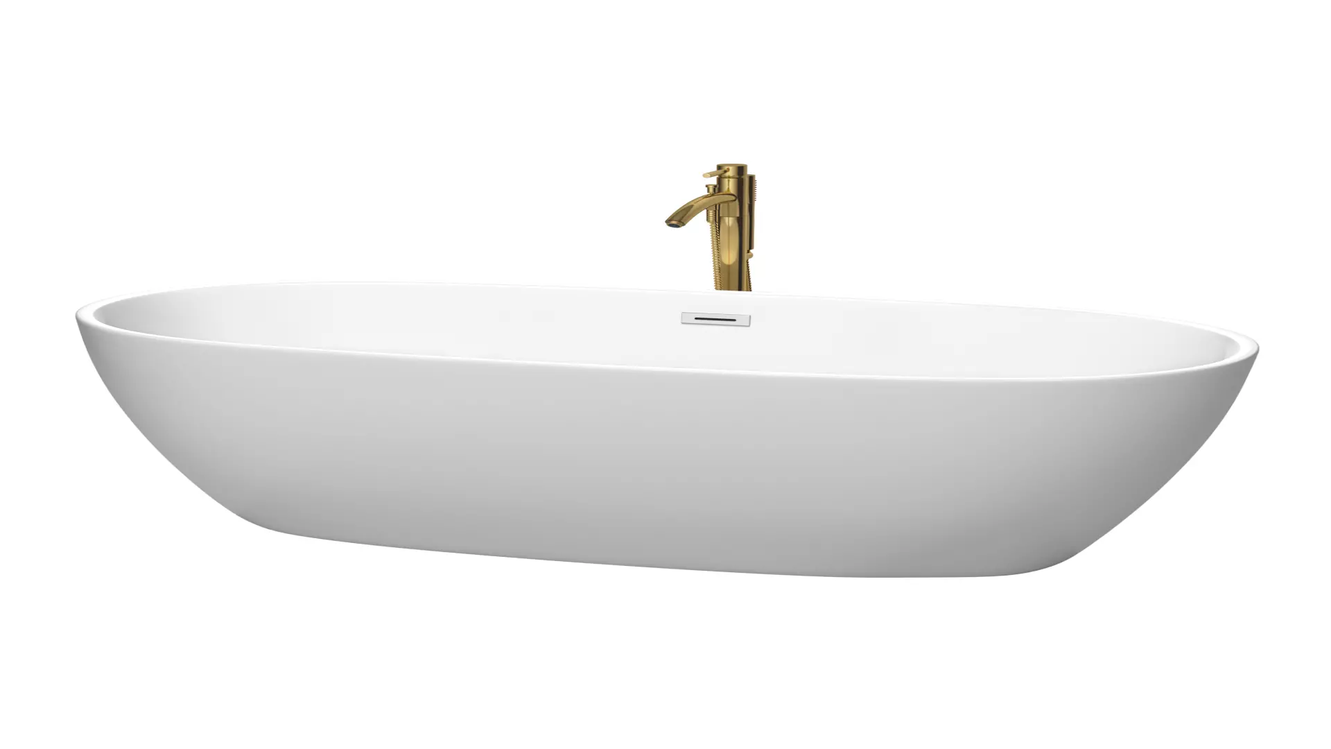 Juno 71 Inch Freestanding Bathtub in Matte White with Polished Chrome Trim and Floor Mounted Faucet in Brushed Gold material