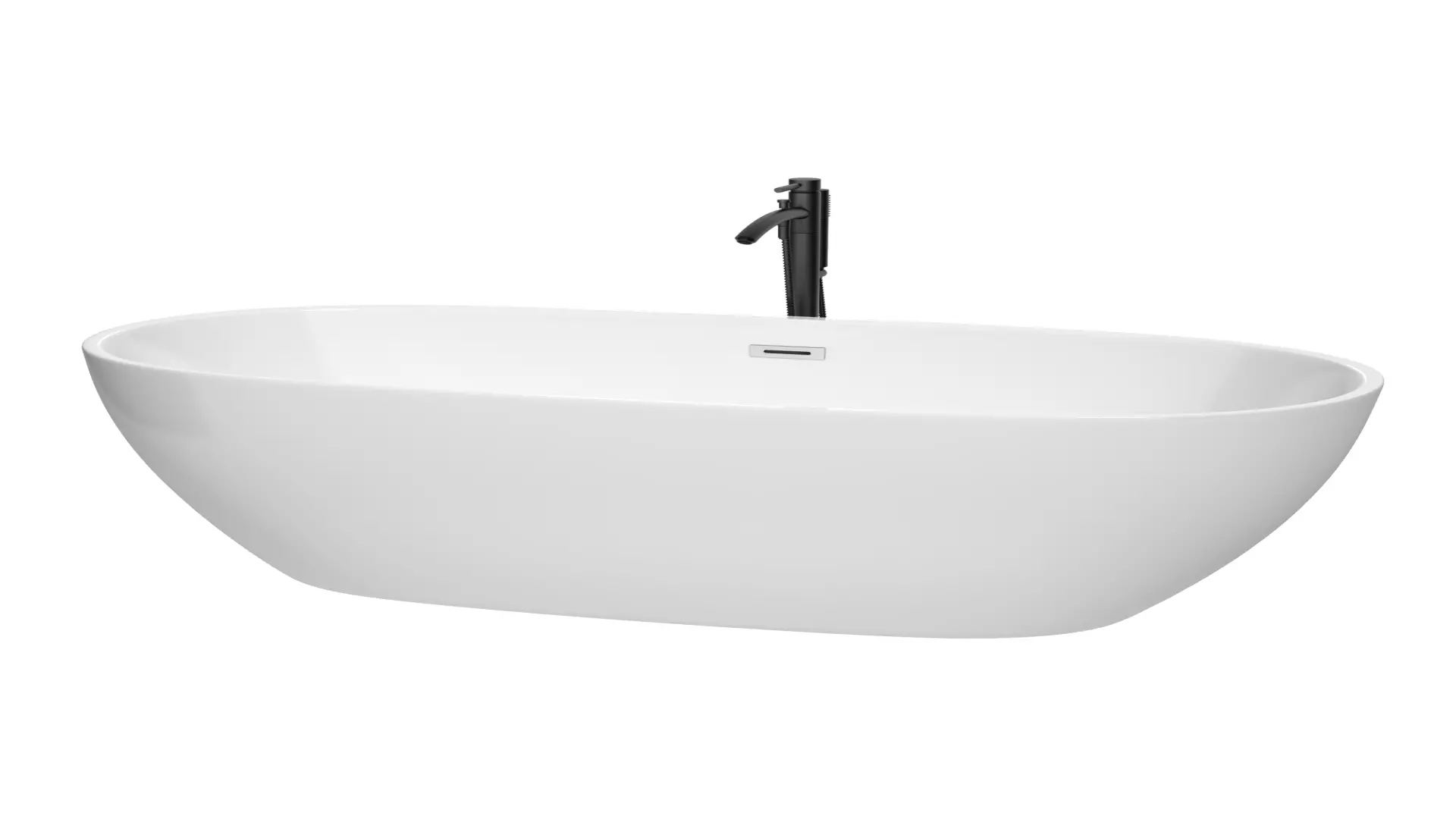 Juno 71 Inch Freestanding Bathtub in White with Polished Chrome Trim and Floor Mounted Faucet in Matte Black material