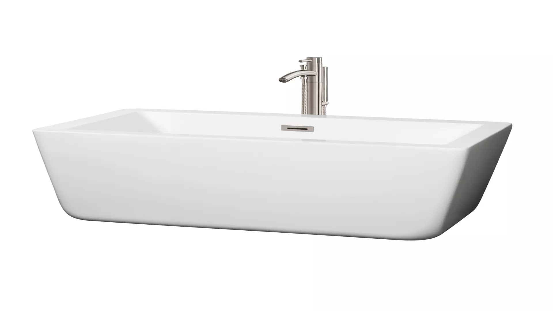 Laura 59 Inch Freestanding Bathtub in White with Floor Mounted Faucet, Drain and Overflow Trim in Brushed Nickel material