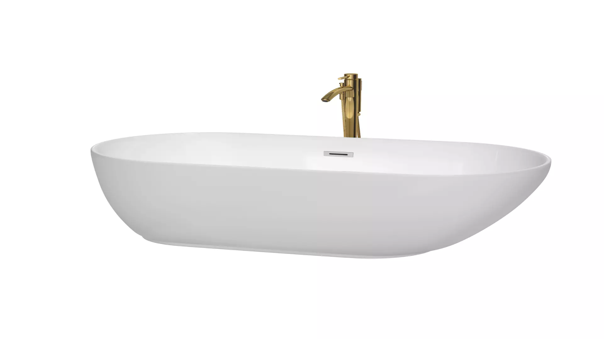 Melissa 60 Inch Freestanding Bathtub in White with Polished Chrome Trim and Floor Mounted Faucet in Brushed Gold material
