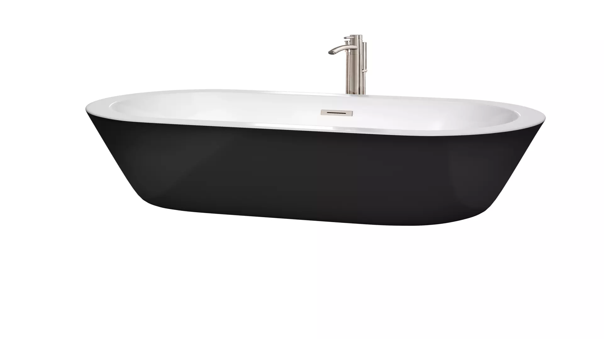 Mermaid 60 Inch Freestanding Bathtub in Black with White Interior with Floor Mounted Faucet, Drain and Overflow Trim in Brushed Nickel material