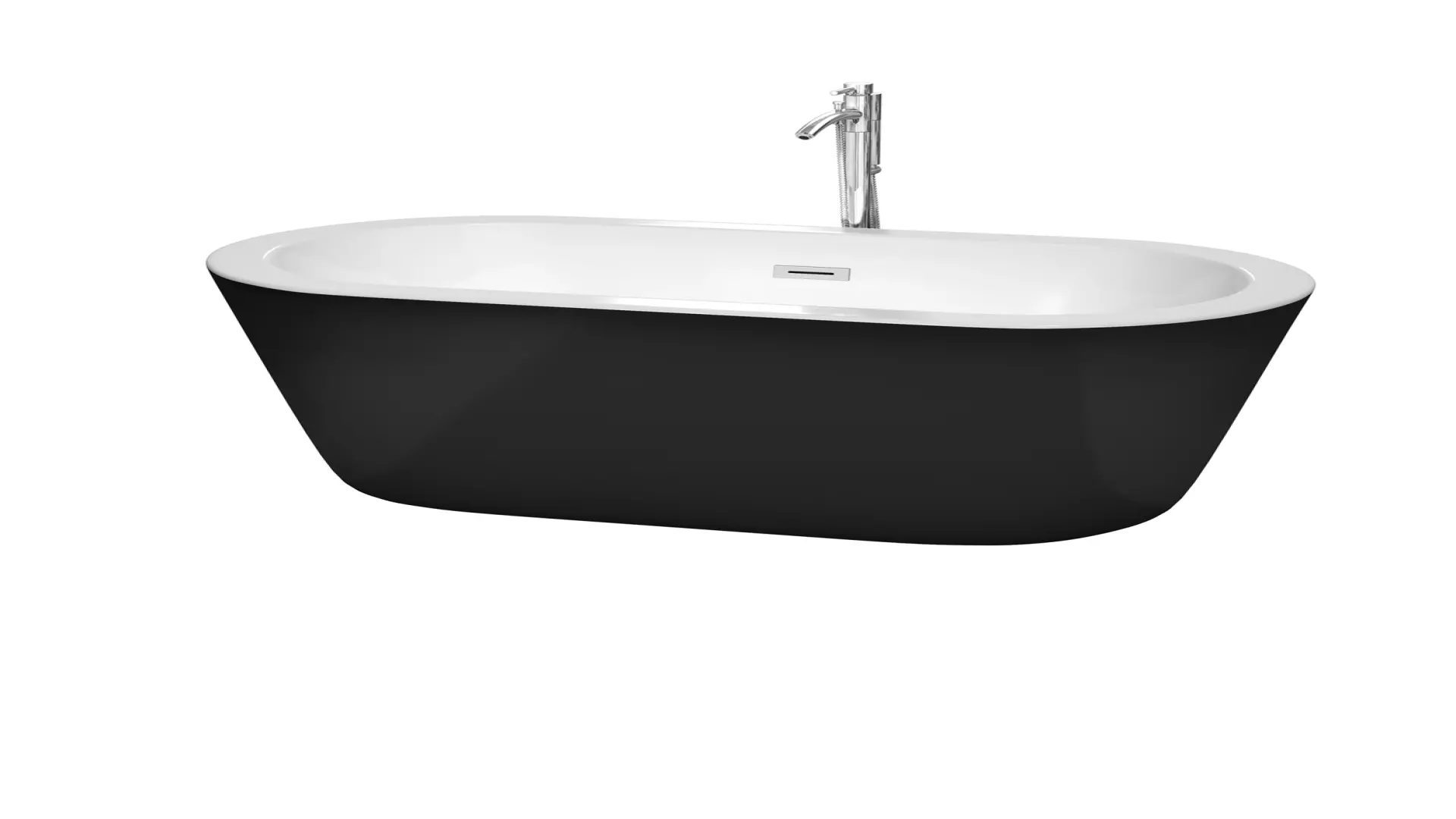 Mermaid 60 Inch Freestanding Bathtub in Black with White Interior with Floor Mounted Faucet, Drain and Overflow Trim in Polished Chrome material