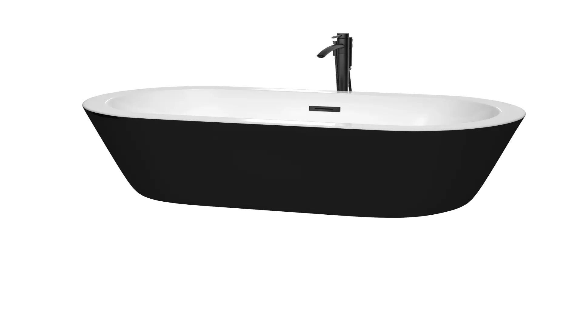 Mermaid 60 Inch Freestanding Bathtub in Black with White Interior with Floor Mounted Faucet, Drain and Overflow Trim in Matte Black material