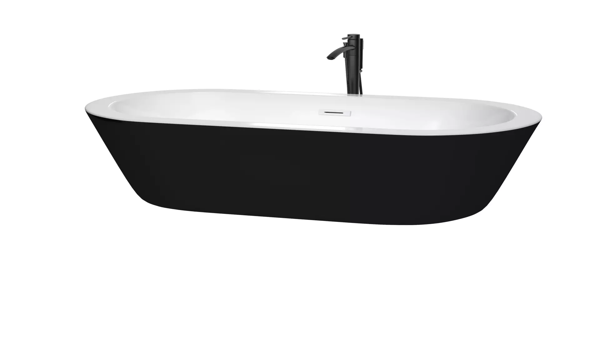 Mermaid 60 Inch Freestanding Bathtub in Black with White Interior with Shiny White Trim and Floor Mounted Faucet in Matte Black material