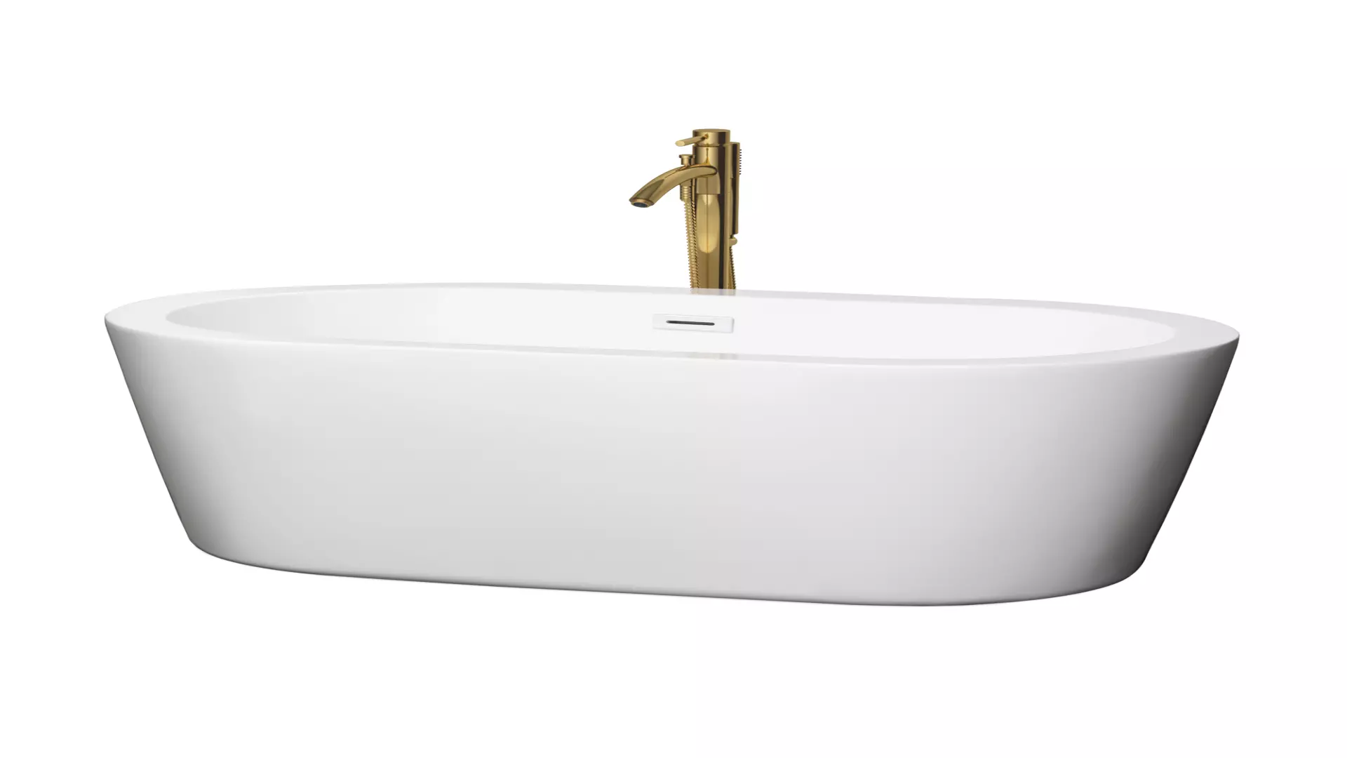 Mermaid 60 Inch Freestanding Bathtub in White with Shiny White Trim and Floor Mounted Faucet in Brushed Gold material
