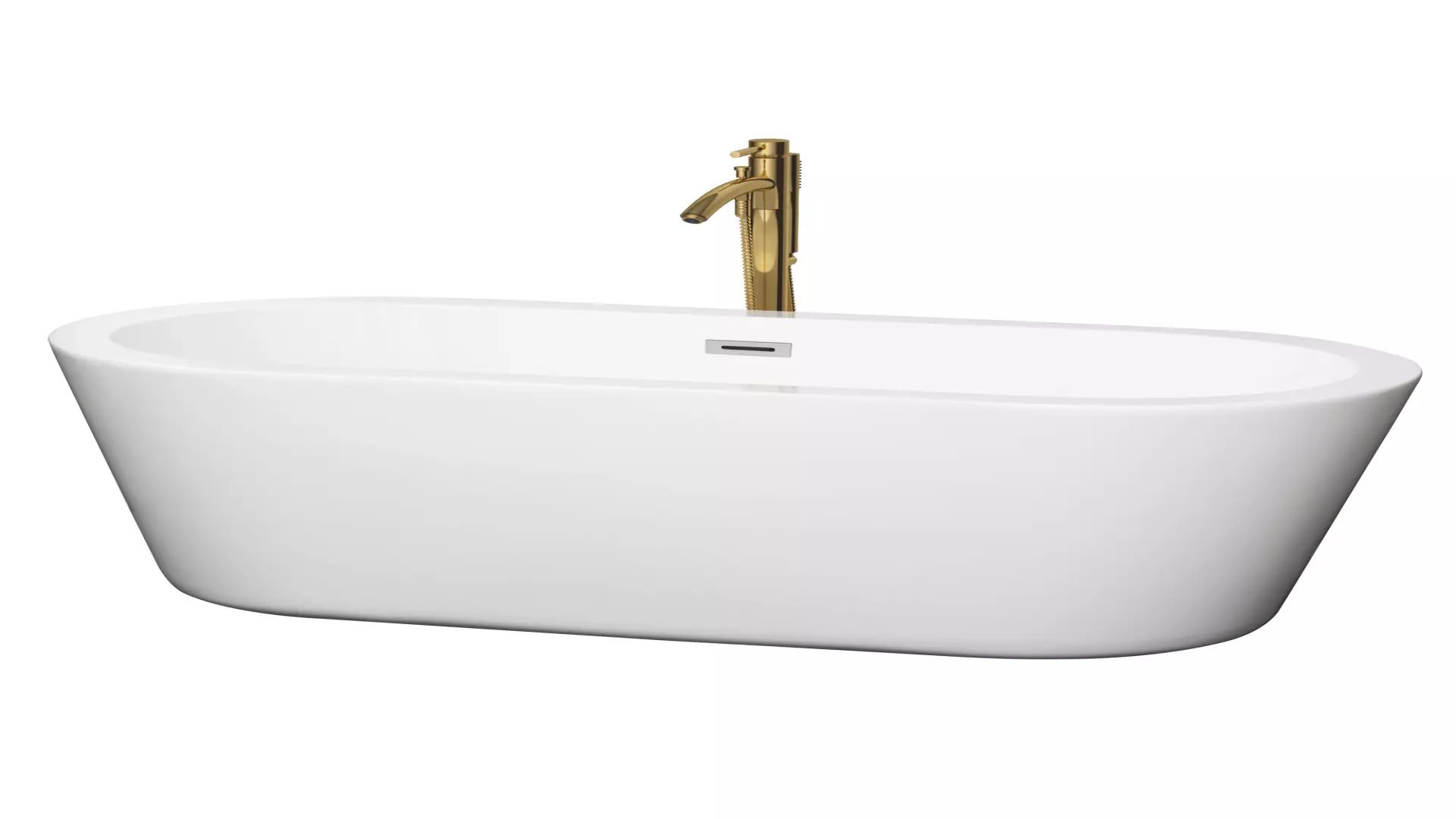 Mermaid 67 Inch Freestanding Bathtub in White with Polished Chrome Trim and Floor Mounted Faucet in Brushed Gold material