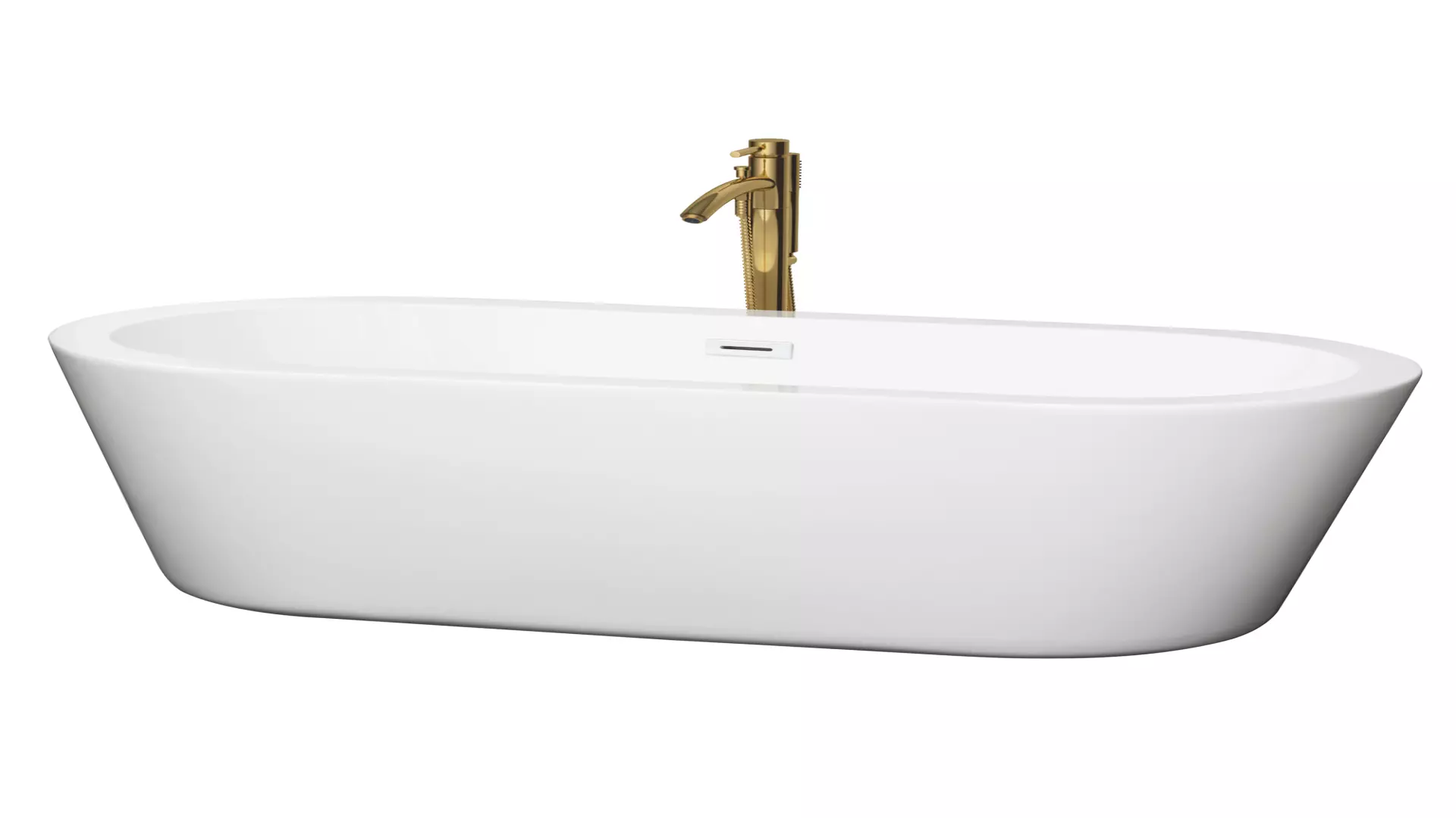 Mermaid 67 Inch Freestanding Bathtub in White with Shiny White Trim and Floor Mounted Faucet in Brushed Gold material