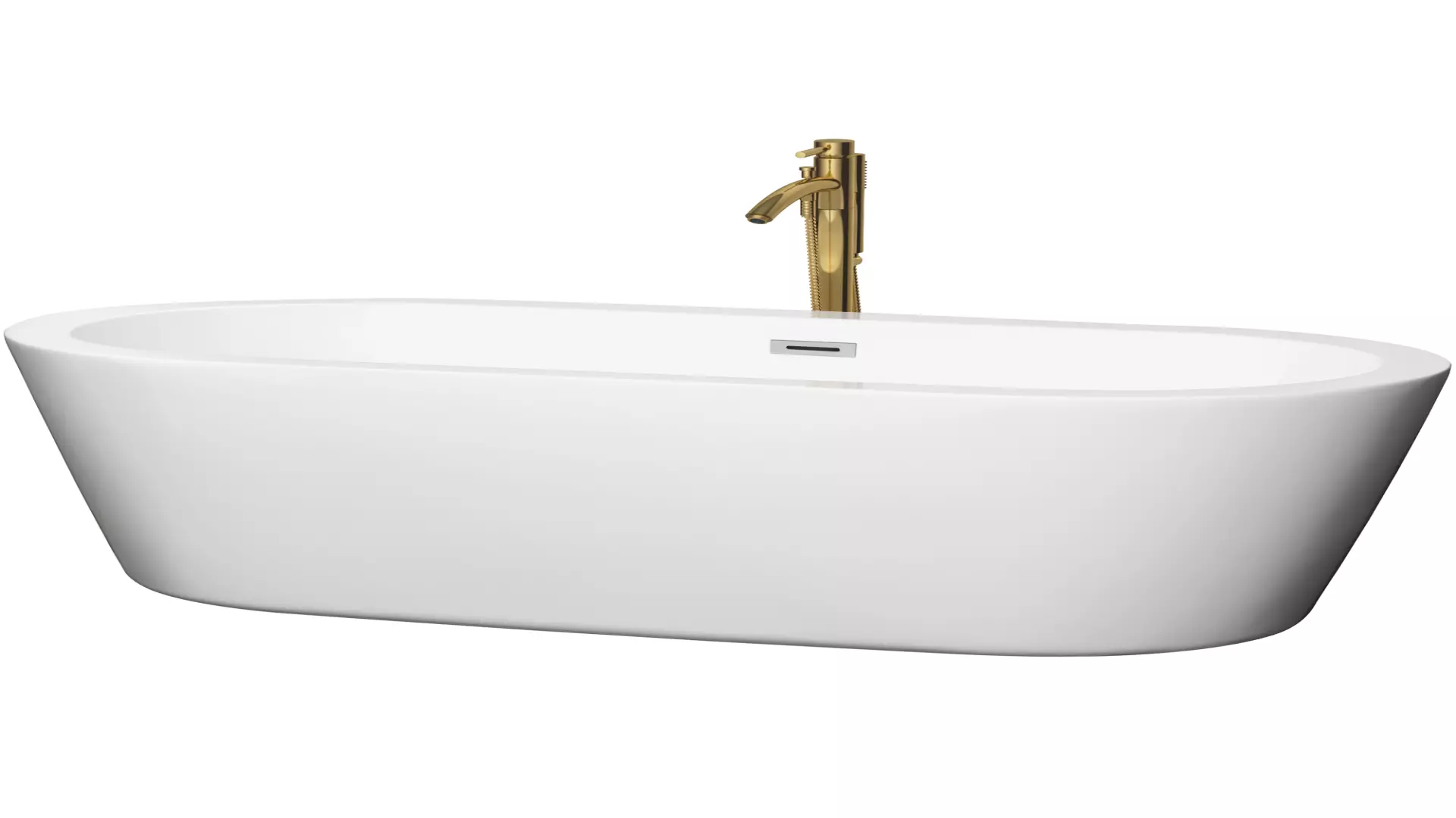 Mermaid 71 Inch Freestanding Bathtub in White with Polished Chrome Trim and Floor Mounted Faucet in Brushed Gold material